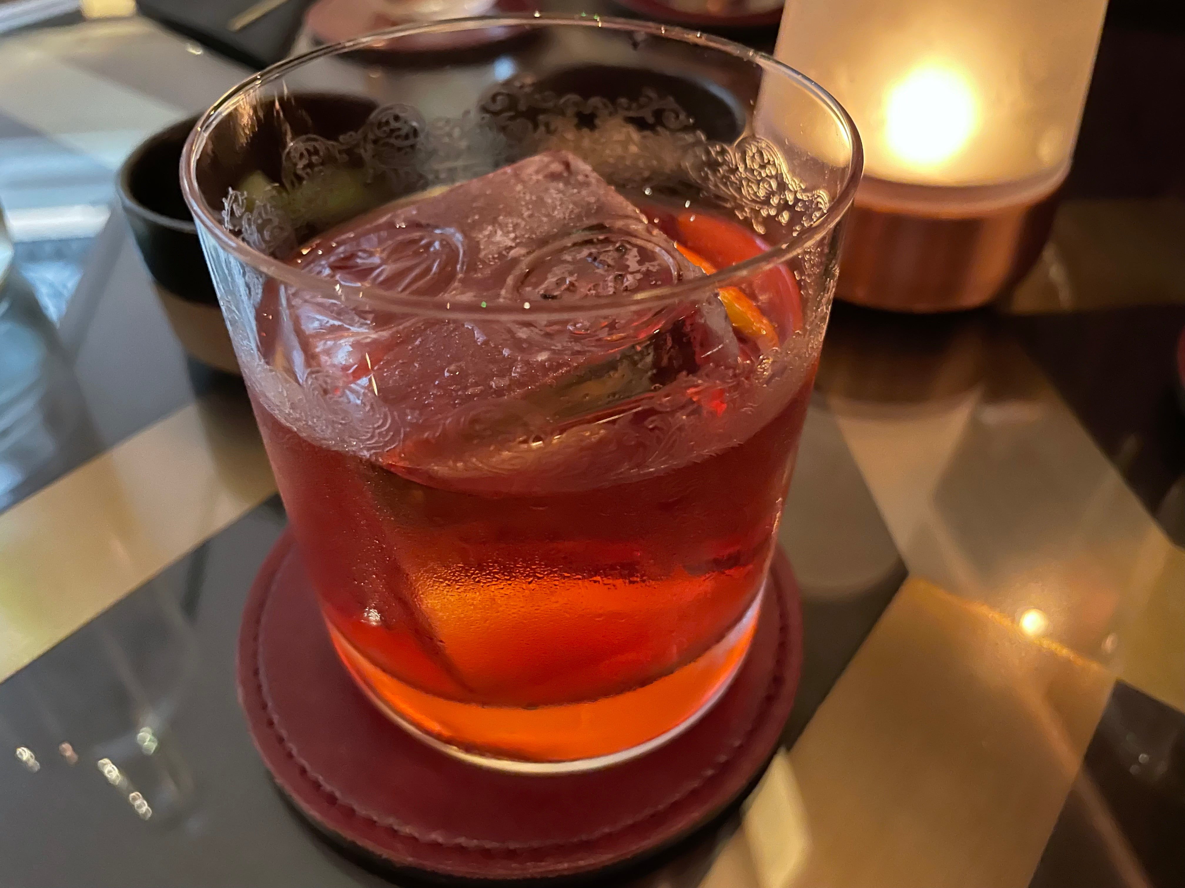 The 40 Elephants’ negroni features Sicilian blood orange and an engraved ice cube