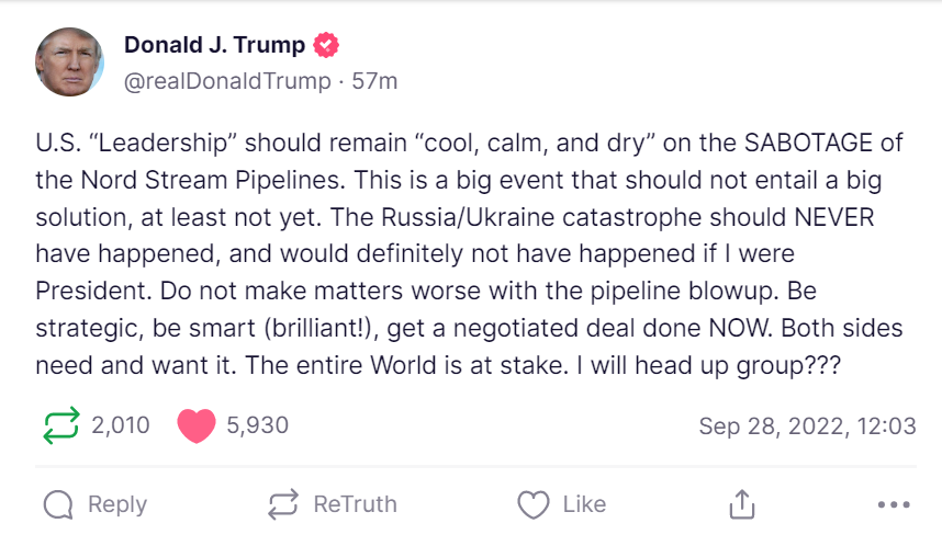 Donald Trump posted on Truth Social on Wednesday morning to suggest that he ‘head up a group’ to negotiate between Russia and the European nations affected by the Nord Stream gas leaks