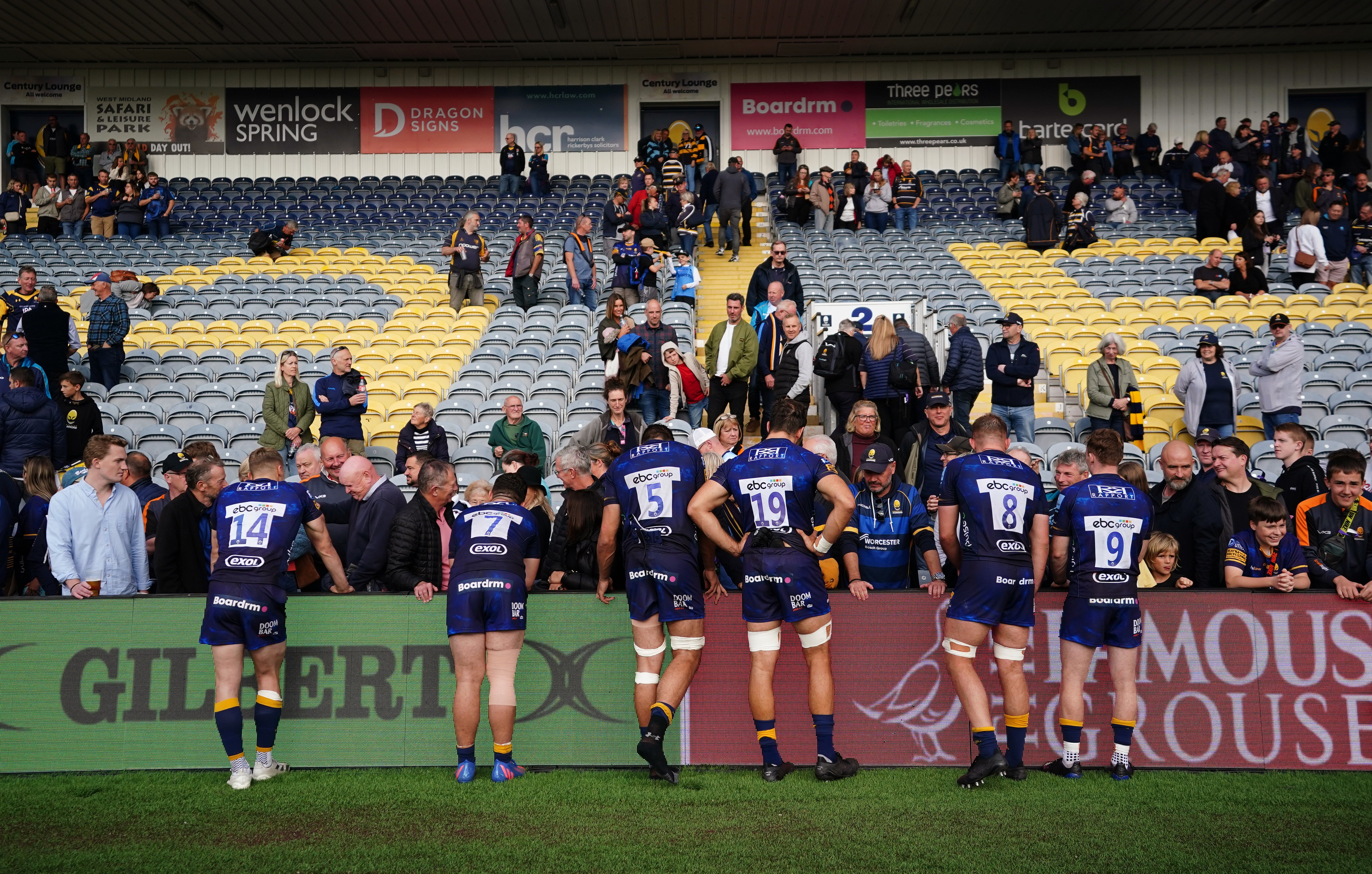 Worcester players at the final whistle following victory over Newcastle in their last game before suspension (Zac Goodwin/PA)