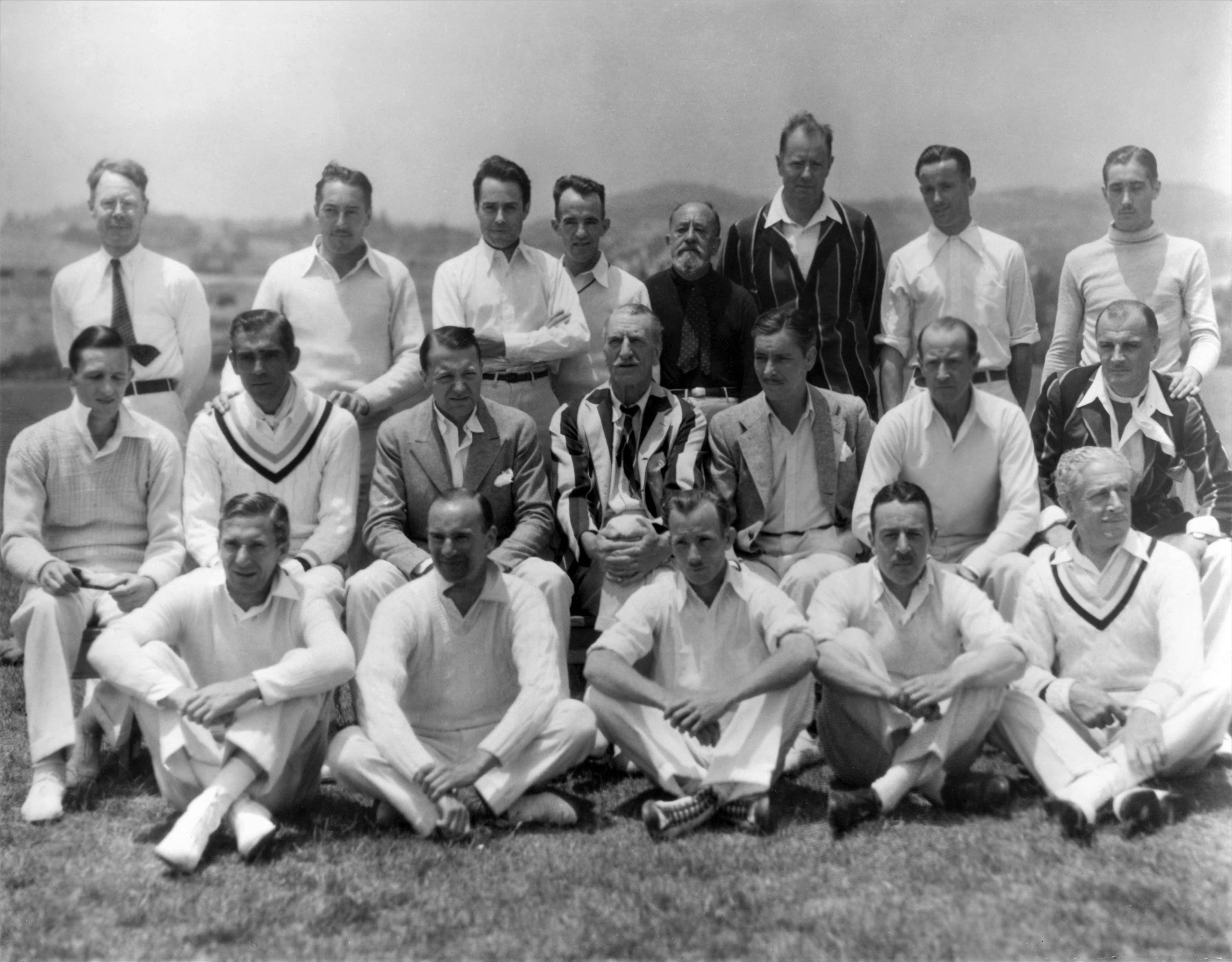 Hollywood Cricket Club, 1932. Back Row CS Greaves, C Harper, N Madison, JV Murphy, CH Abbott, G Farmer, E Cross, M Harpe. Middle Row JL Williams, Boris Karloff, Clive Brook, CA Smith, Ronald Colman, HB Warner, D Roberts. Front Row M Kinnell, RC Sheriff, ED Cummins, LE Francis, C King.