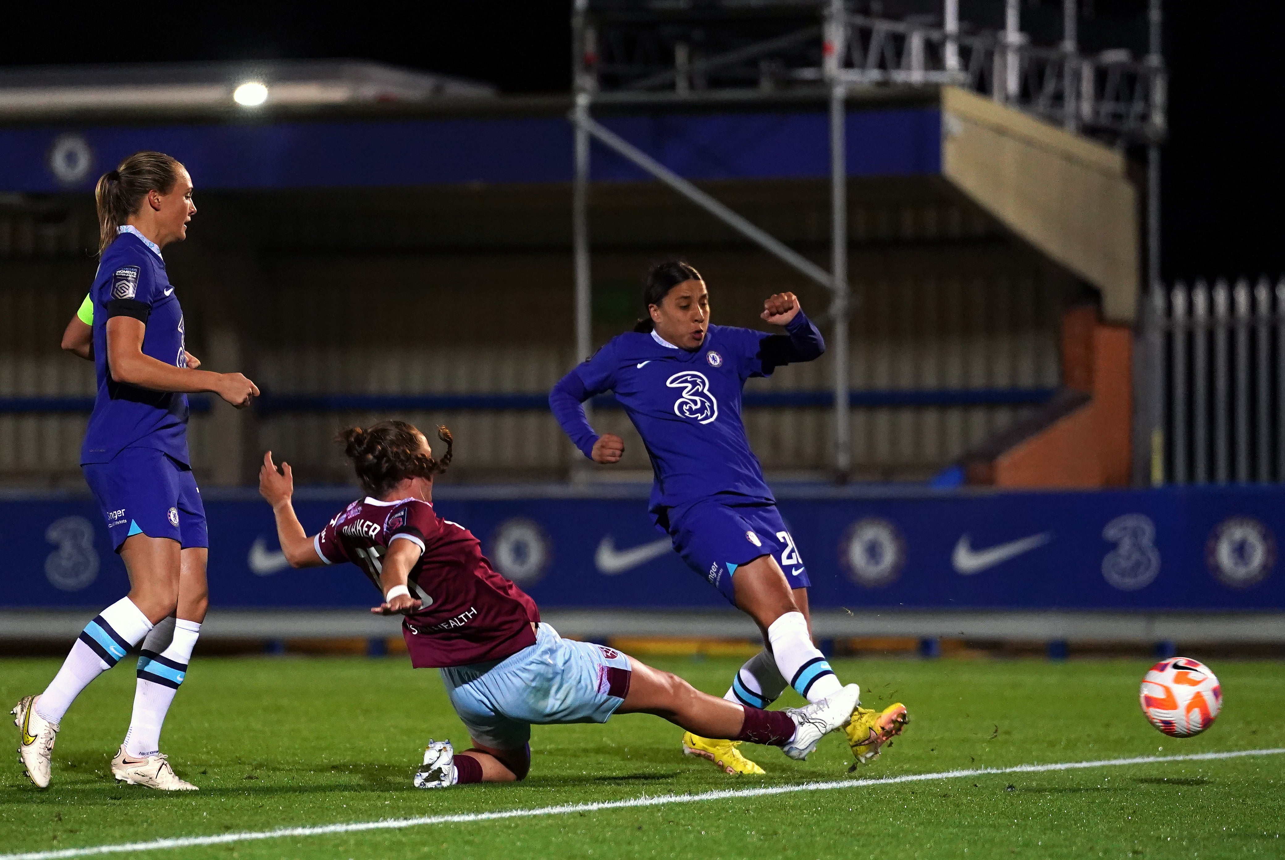 Sam Kerr (right) slotted in Chelsea’s second after a defensive mix-up (Adam Davy/PA)