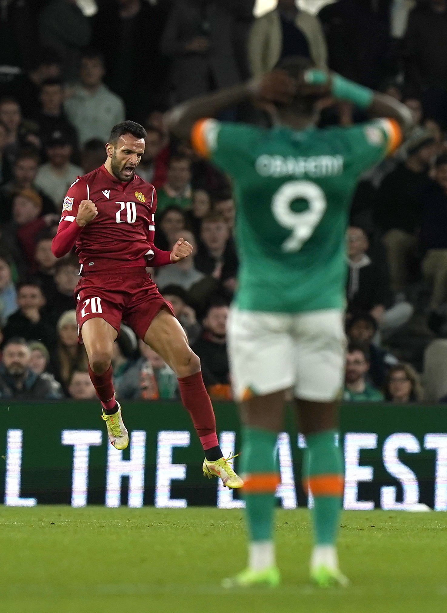 Republic of Ireland striker Michael Obafemi reacts to Artak Dashyan’s goal (Niall Carson/PA)