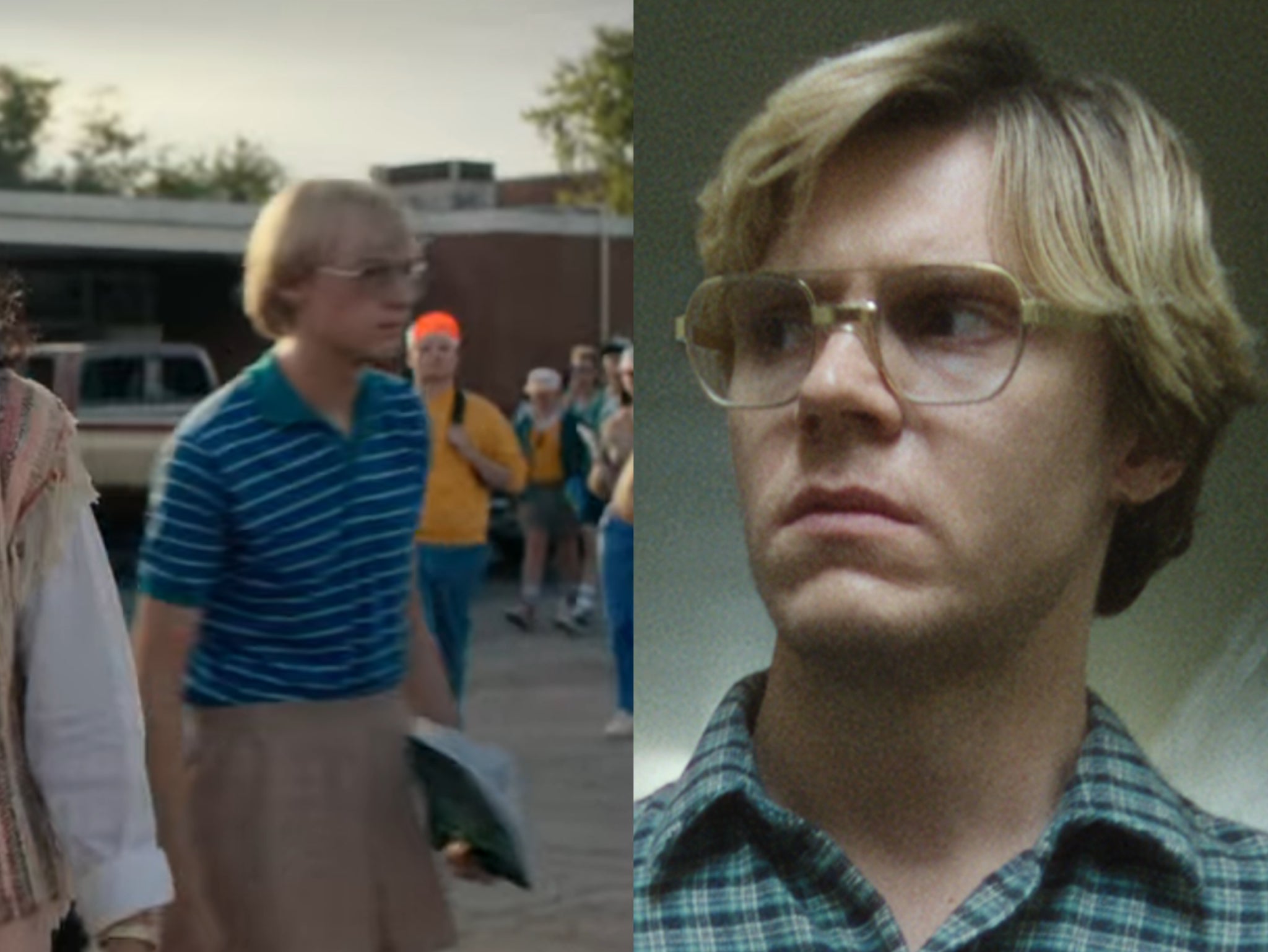 The background actor in ‘Stranger Things’ (left), and Evan Peters as Jeffrey Dahmer in ‘Dahmer’ (right)