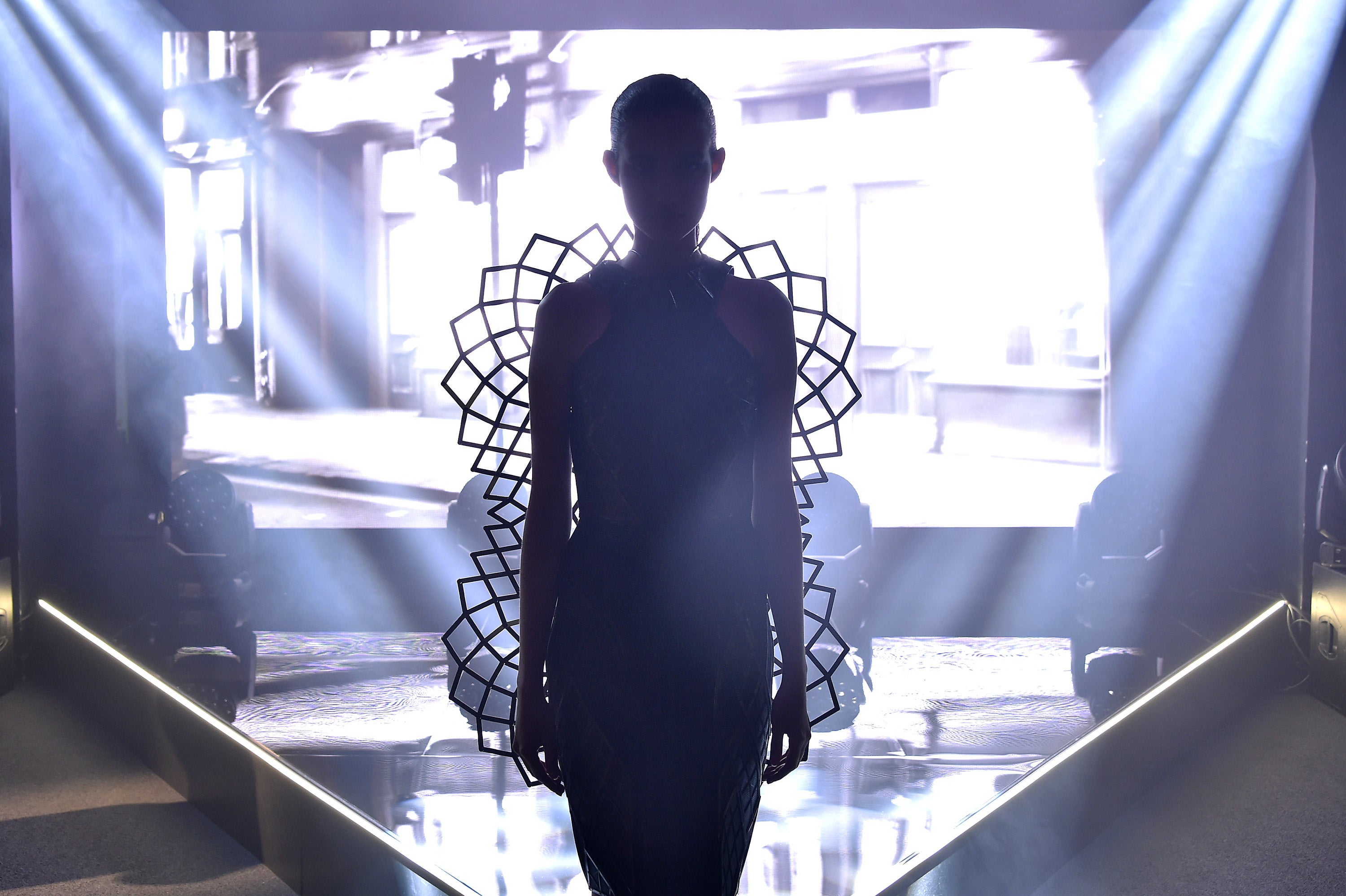 A model poses during the Ghost in the Shell and Tumblr partner to explore the future of technology and fashion with a live exhibition in Paris on March 7, 2017 in Paris, France