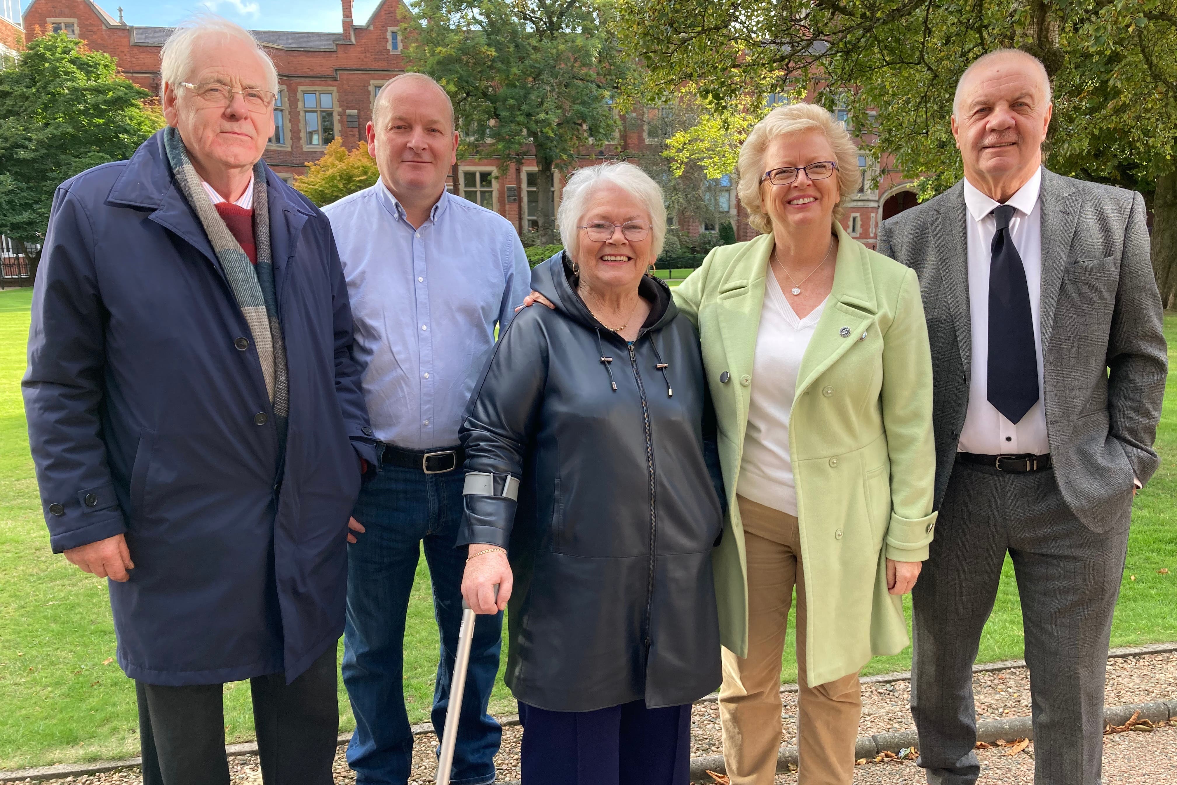 Victims campaigners (l-r) Michael Gallagher, Billy McManus, Kate Nash, Julie Hambleton and Raymond McCord at Queen’s University ahead of the screening of a film about victims of the Troubles. (Rebecca Black/PA)