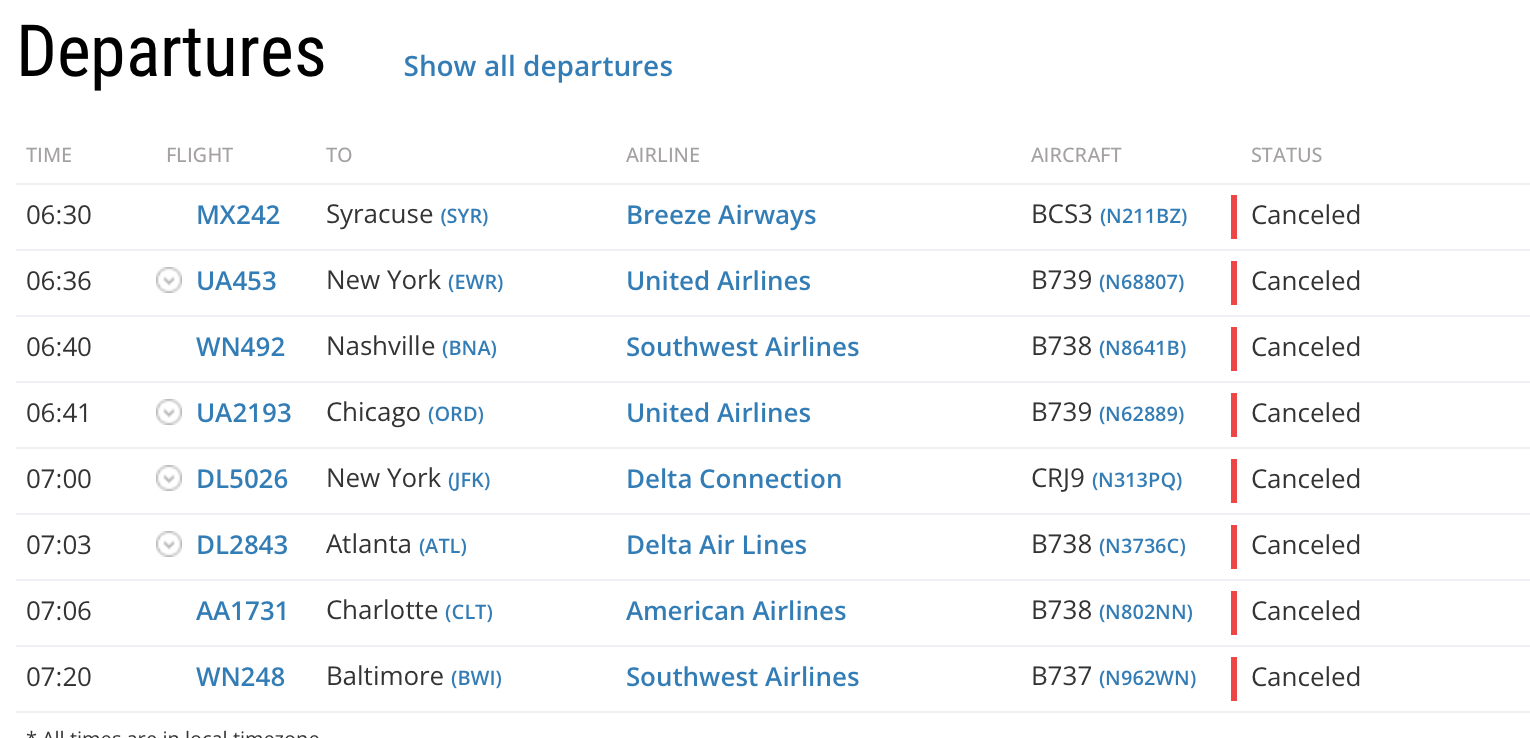 Cancelled flights from Charleston airport on Friday