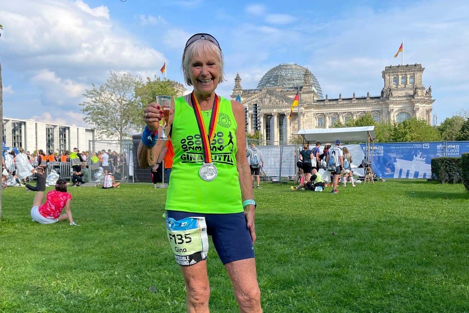 Gina Little celebrates in Berlin after running her 600th marathon (Gina Little/PA)