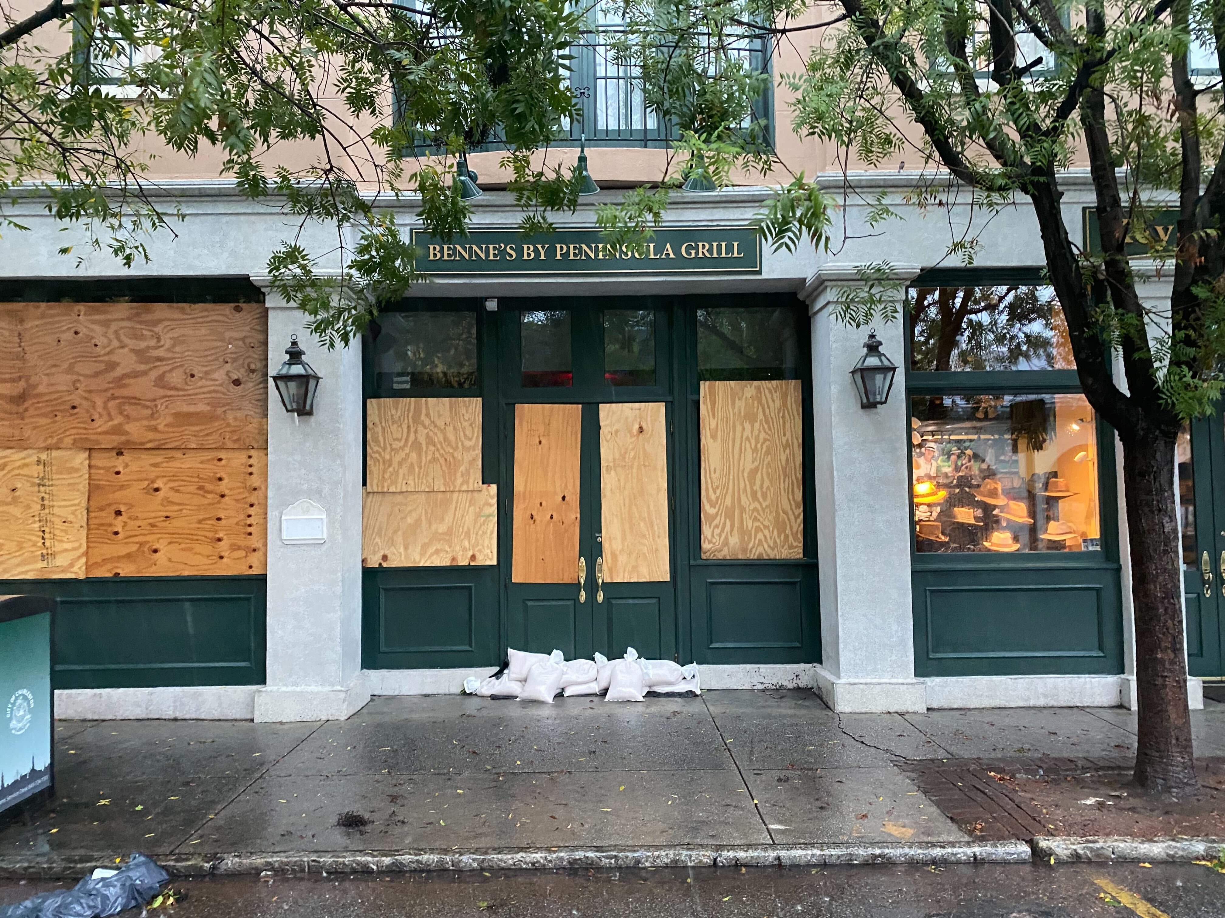 A boarded-up restaurant in Charleston on Friday