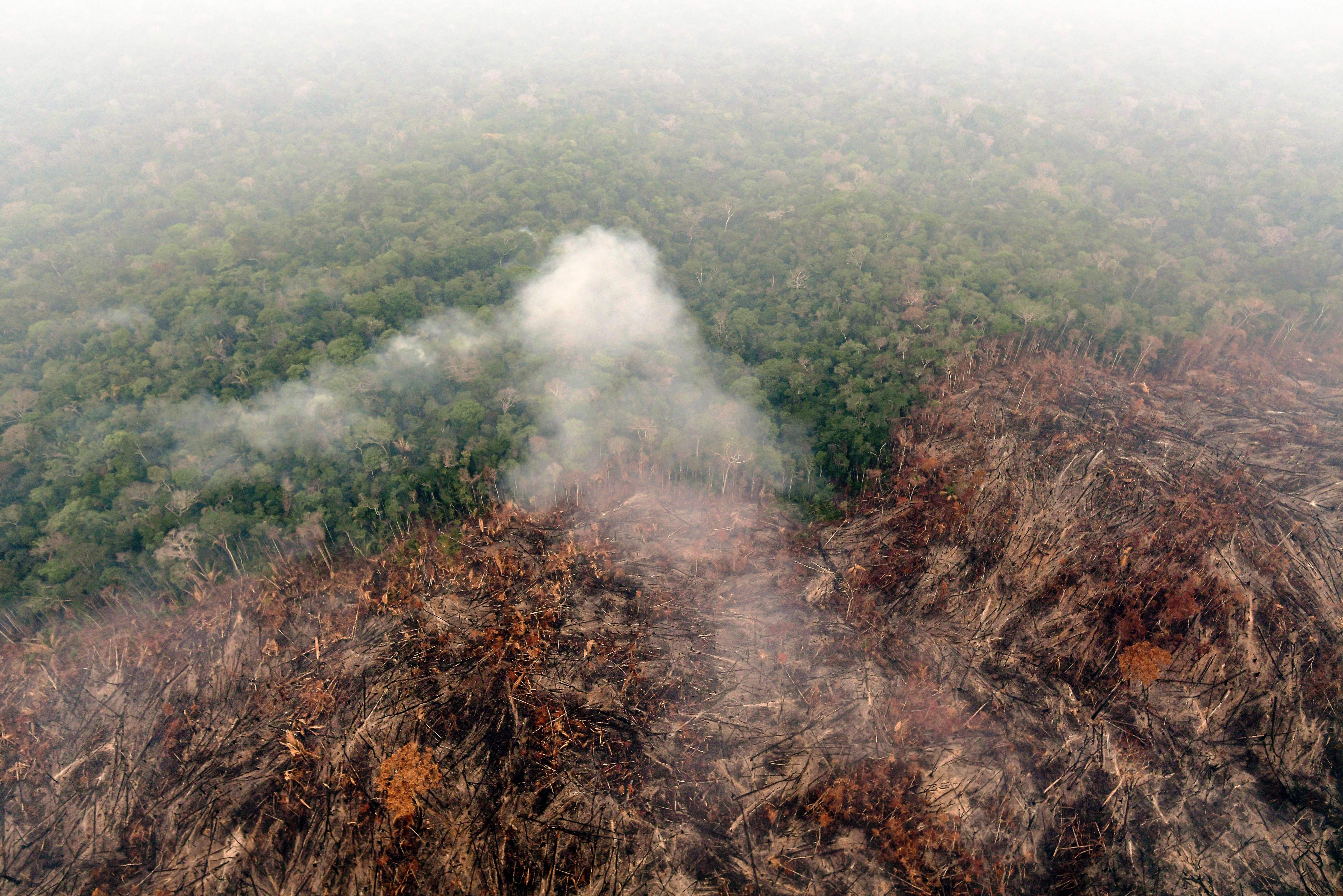 A deforested and burning area of the Amazon rainforest in the region of Labrea, state of Amazonas, northern Brazil, on September 2, 2022.