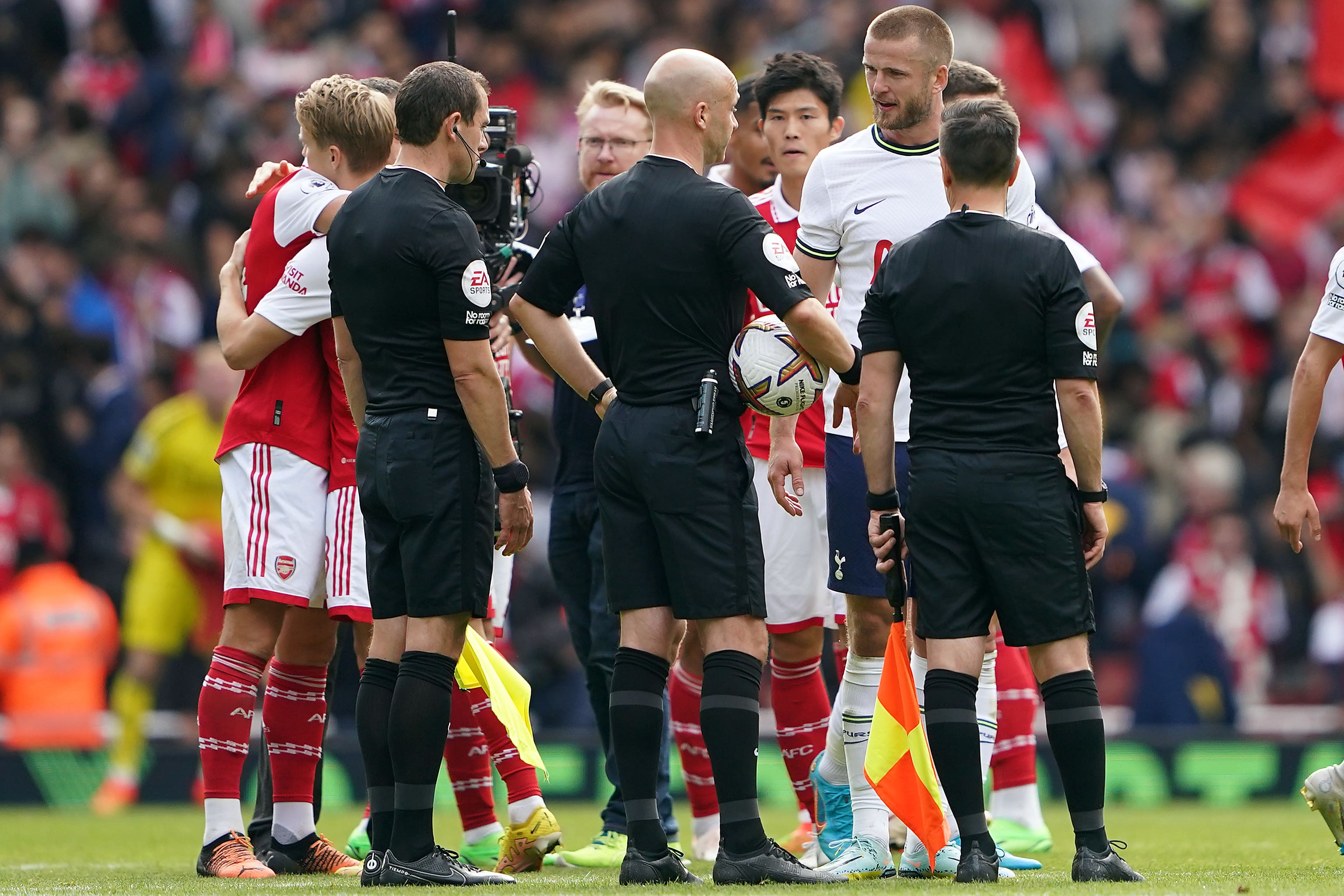 Tottenham’s Eric Dier speaks to referee Anthony Taylor after the match (Zac Goodwin/PA)