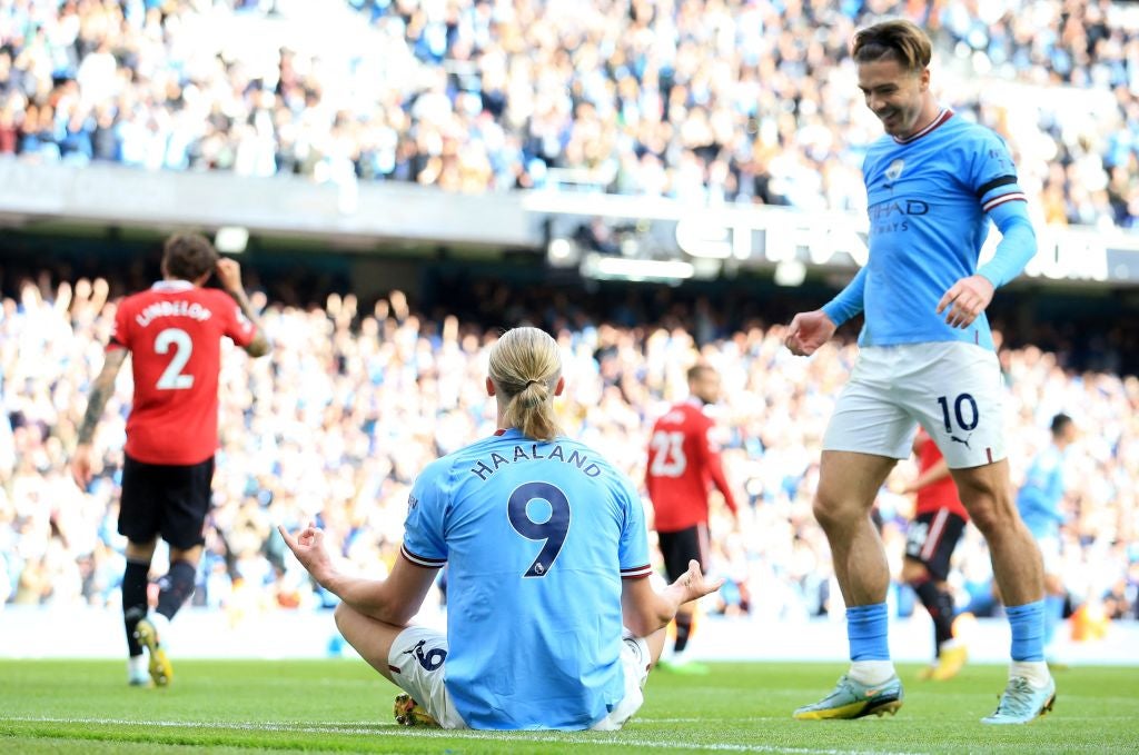 Erling Haaland celebrates scoring his team’s fifth goal and his third