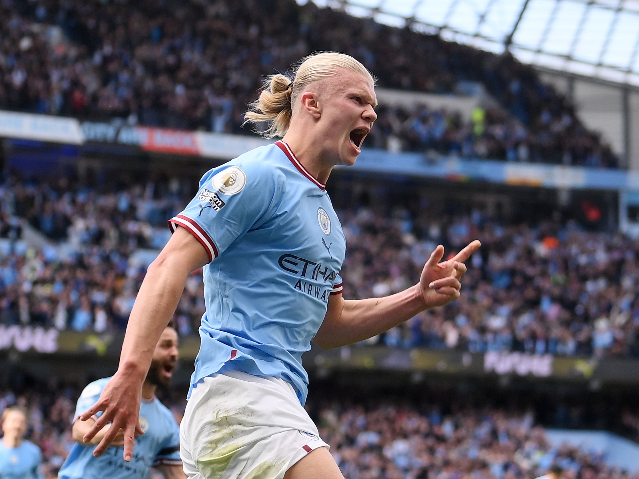 Erling Haaland scored three goals and assisted two in Man City’s thrashing of United