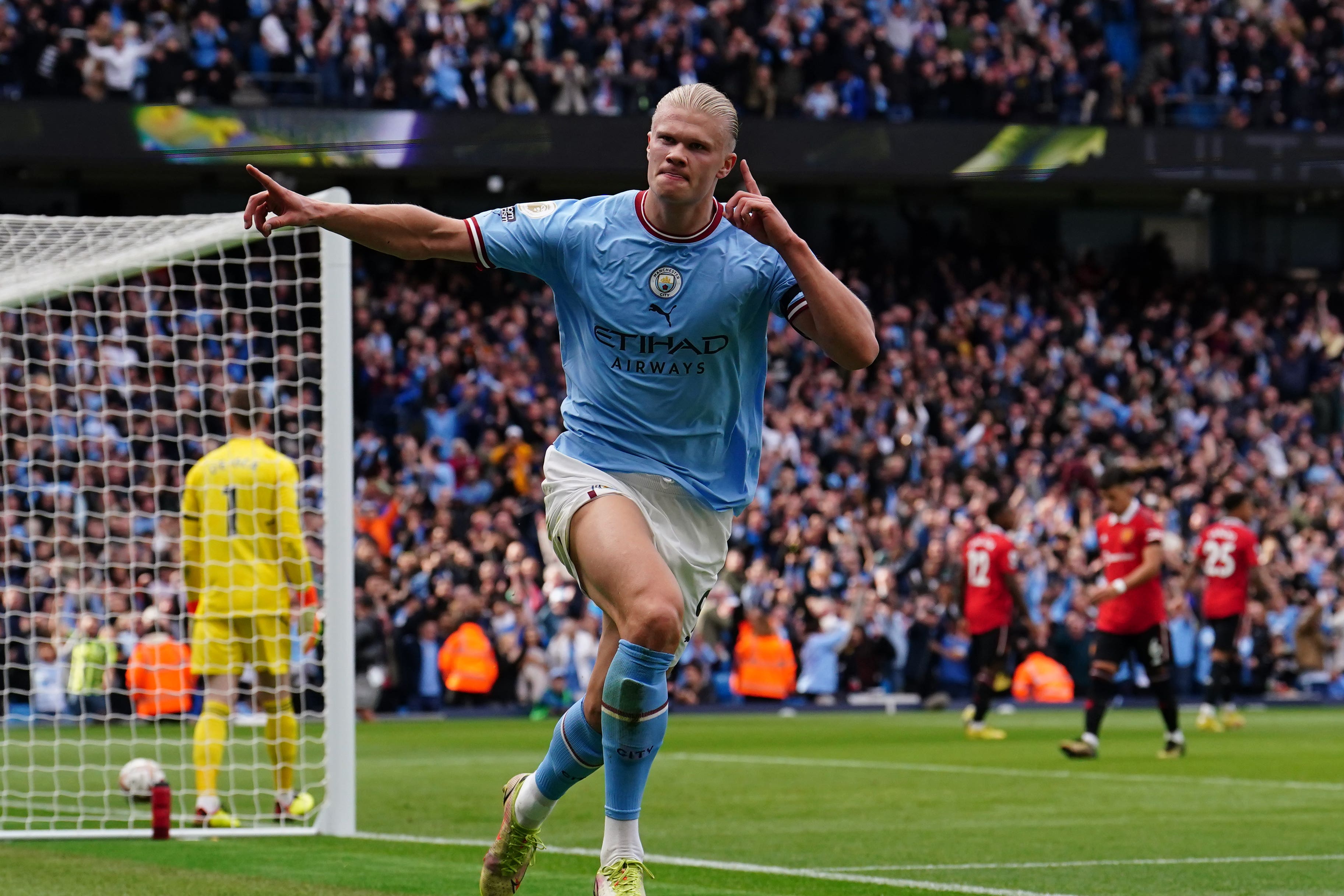 Erling Haaland hit his third hat-trick of the season against Manchester United (Martin Rickett/PA)