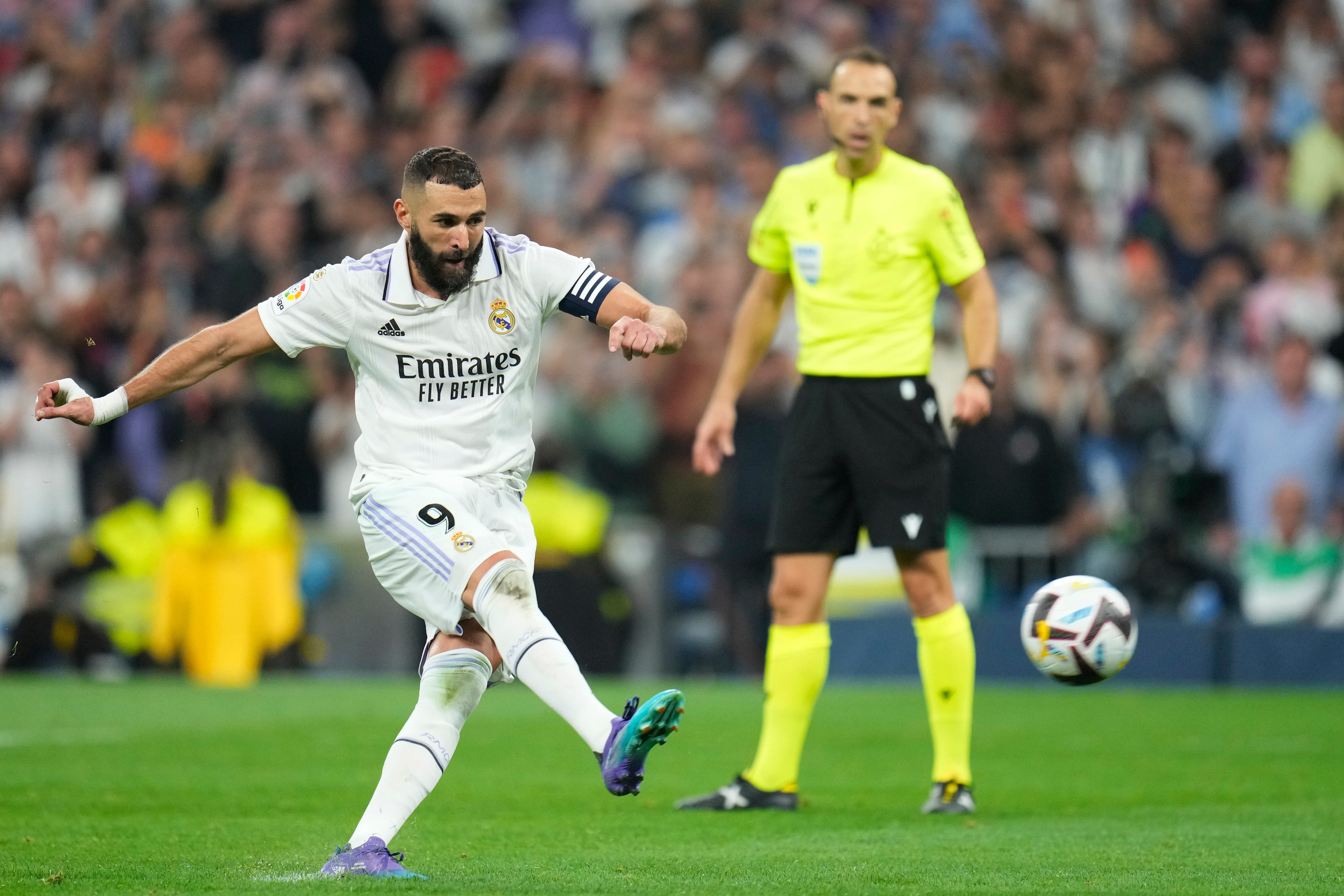 Real Madrid’s Karim Benzema fires against the crossbar from the penalty spot (Manu Fernandez/AP/PA)