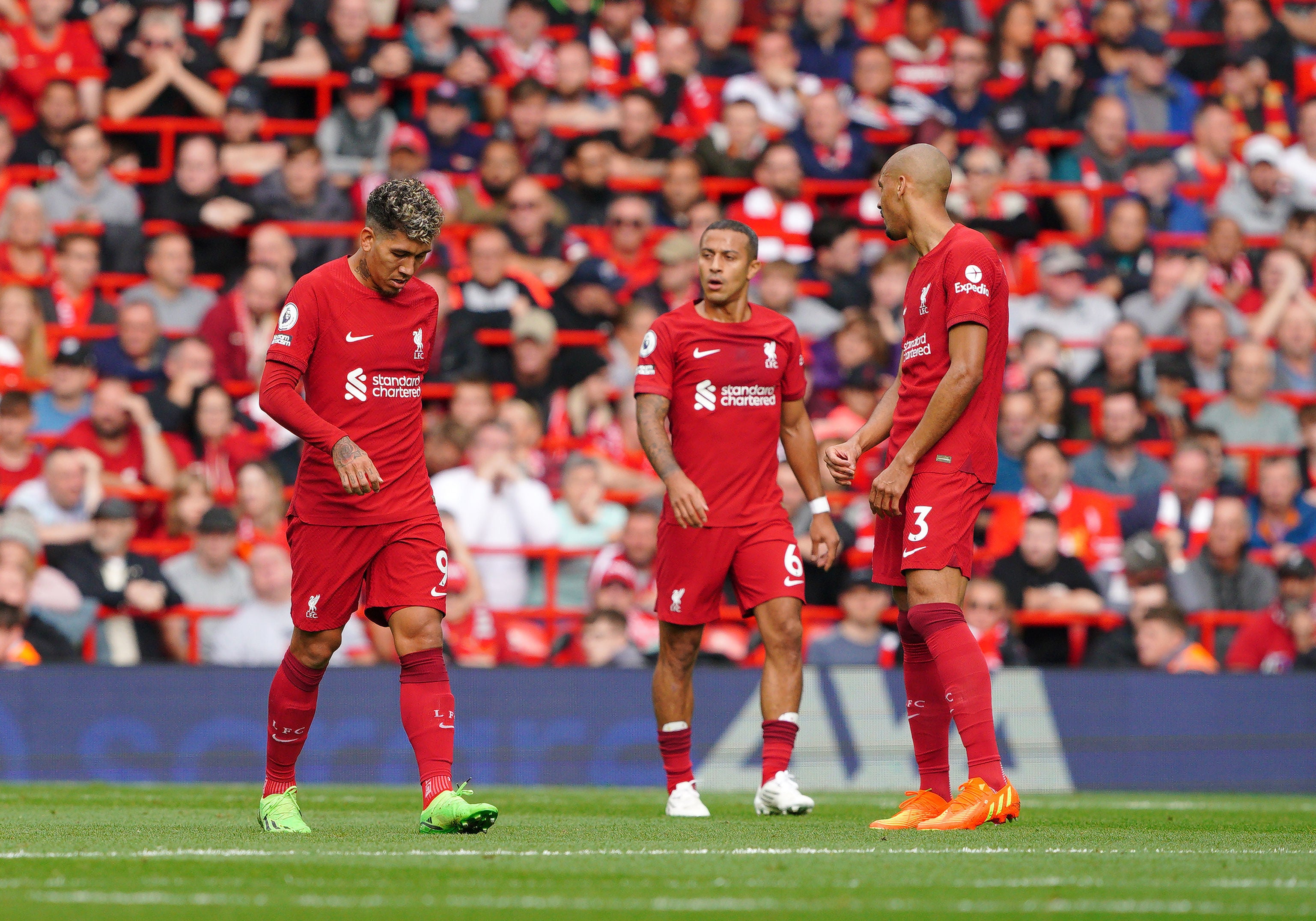 Fabinho (right) and Thiago Alcantara (centre) were part of the Liverpool midfield trio that surprisingly struggled against Brighton