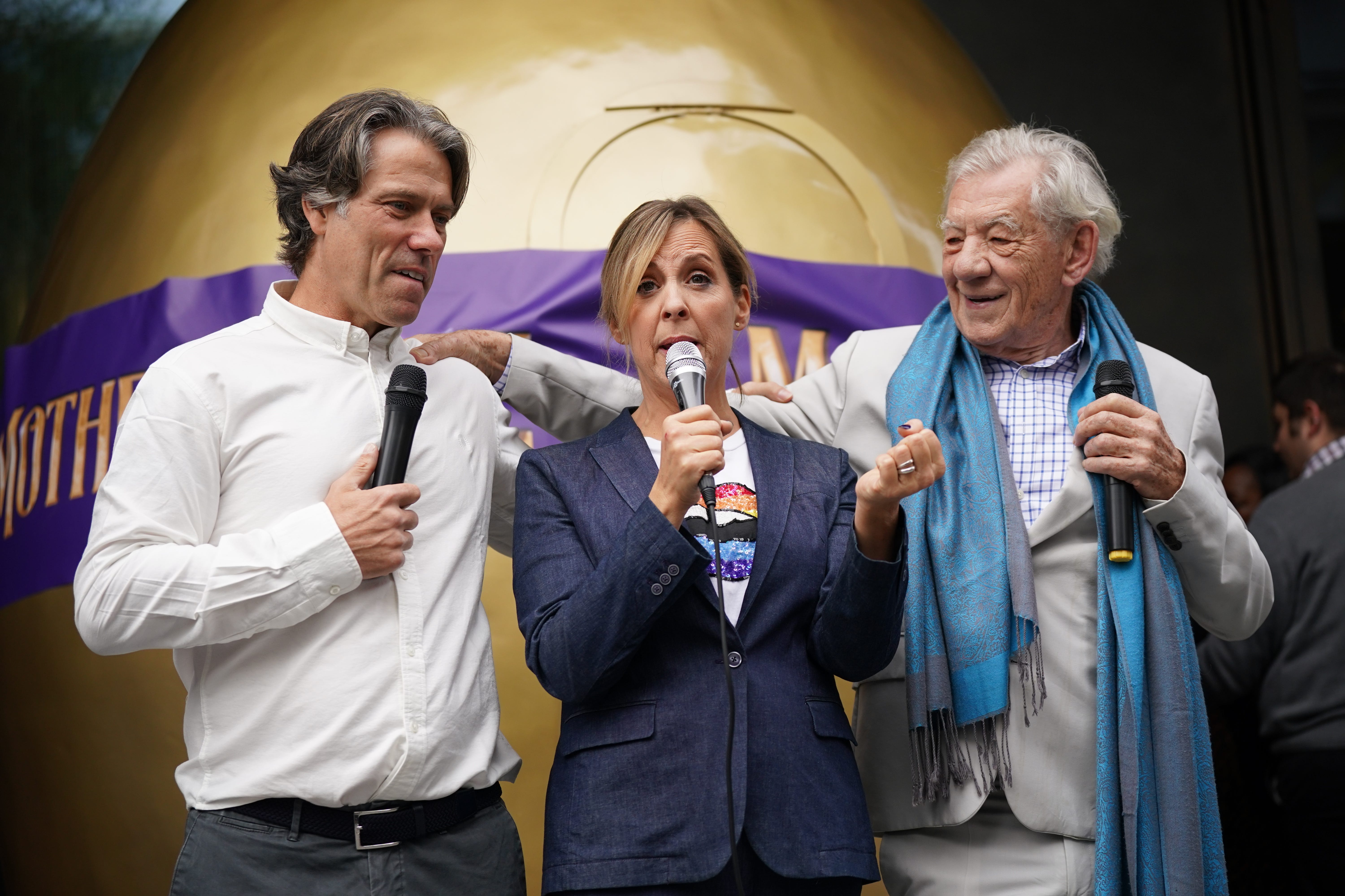 John Bishop, Mel Giedroyc and Sir Ian McKellen outside the Londoner Hotel, in Leicester Square, London, for the announcement of a UK tour of the pantomime Mother Goose (Yui Mok/PA)