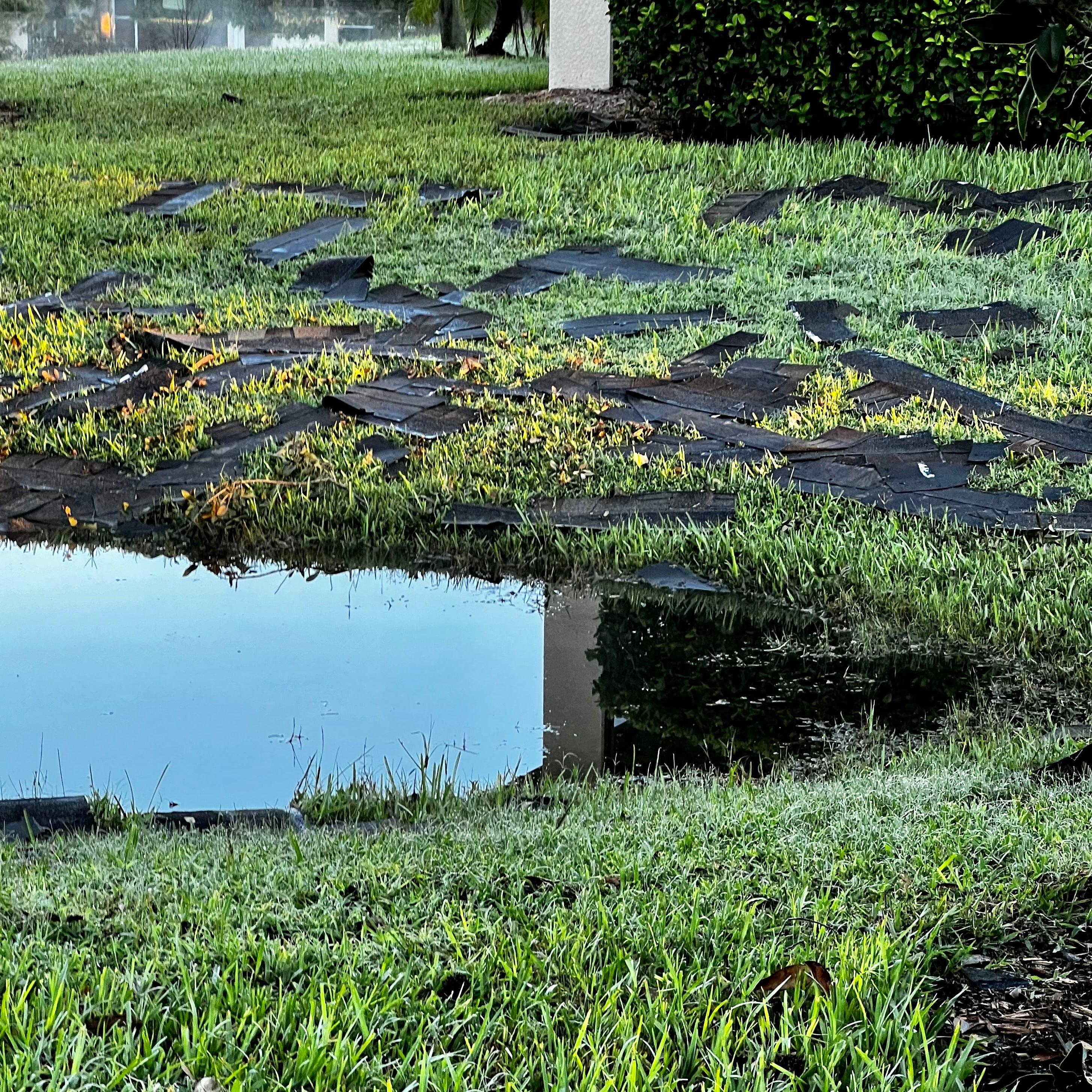 Roof tiles litter the ground