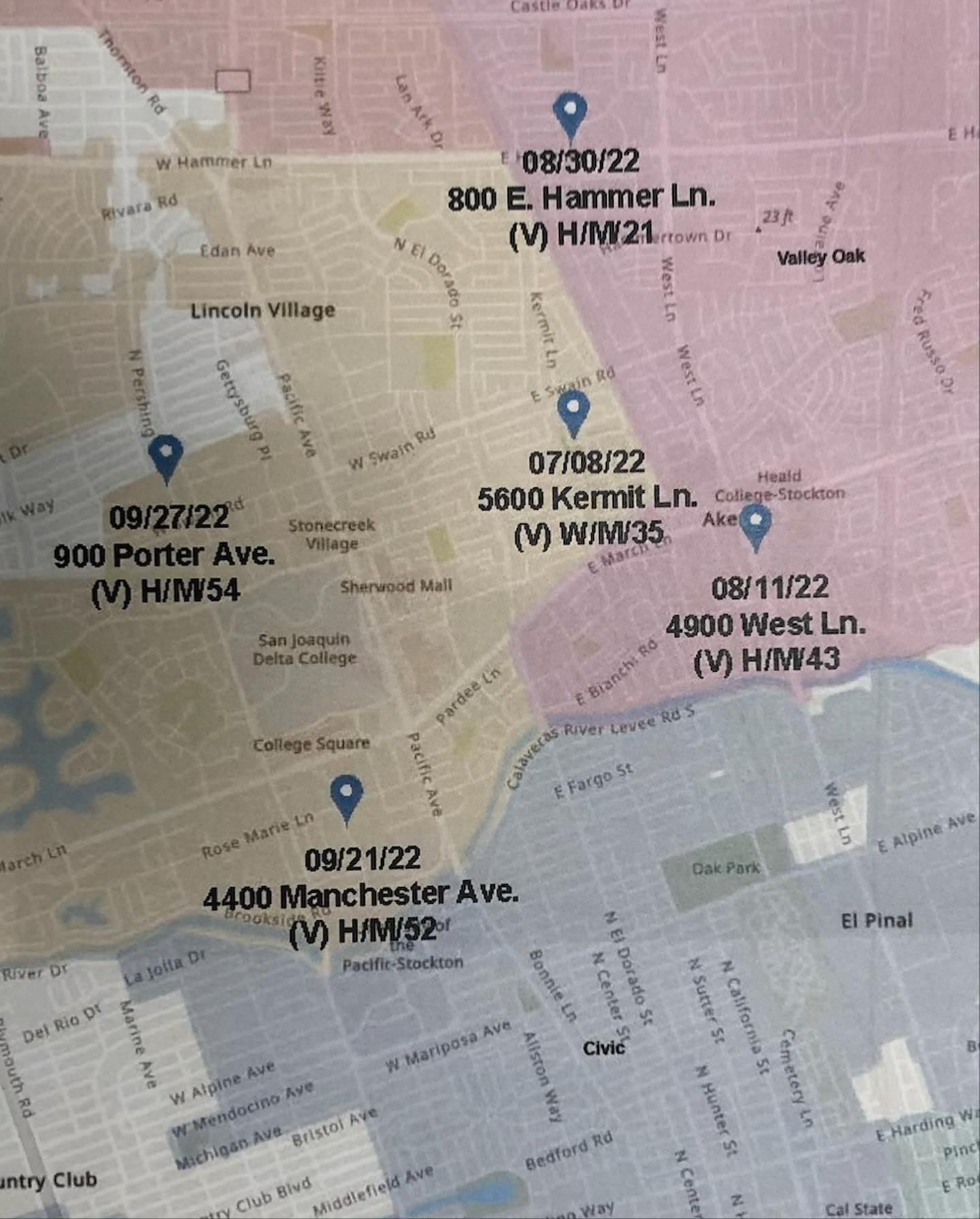 The five murders happened when each male victim was alone in the late night or early morning hours in north Stockton