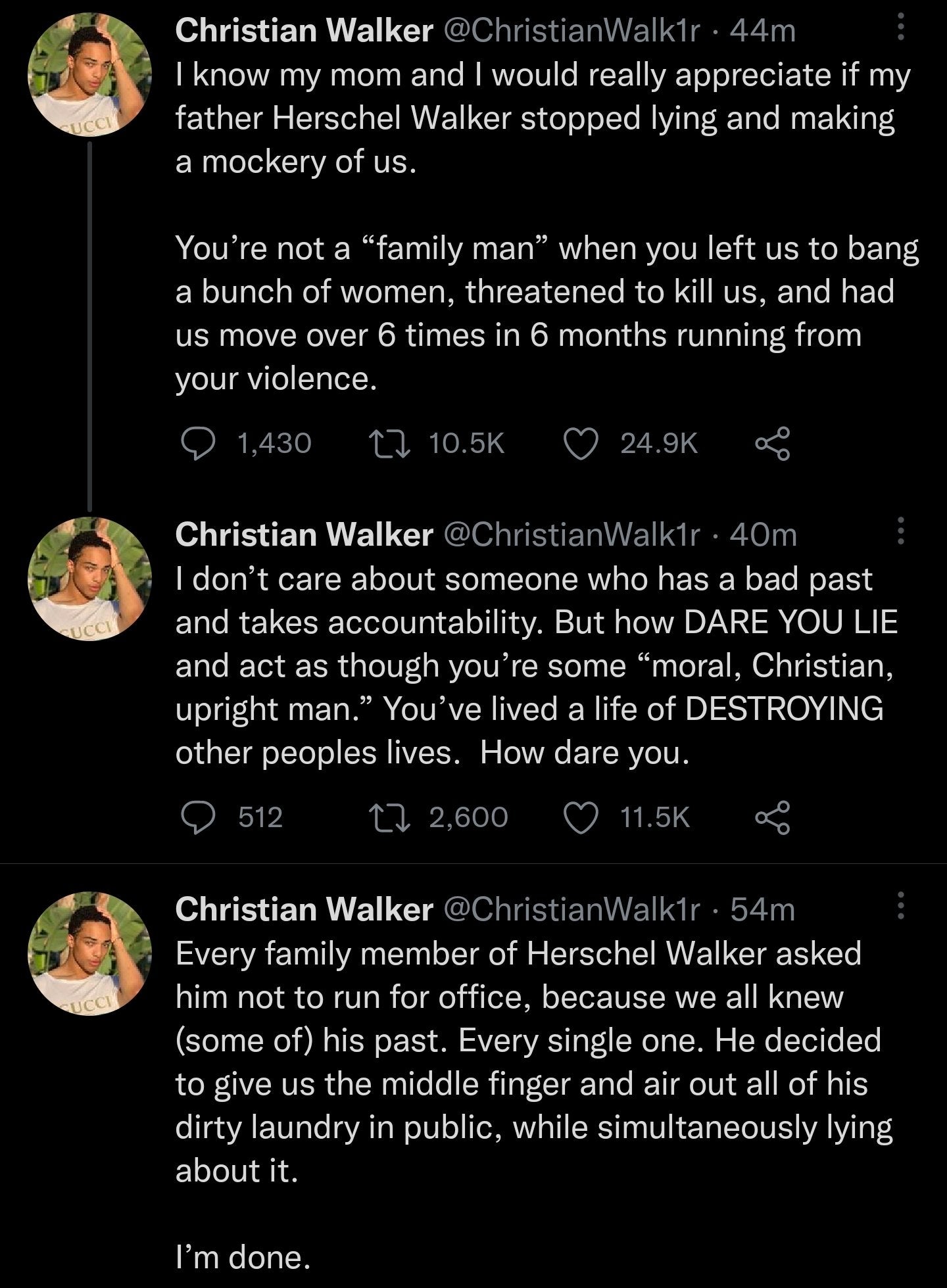 Tweets by Christian Walker, son of Georgia US Senate candidate Herschel Walker