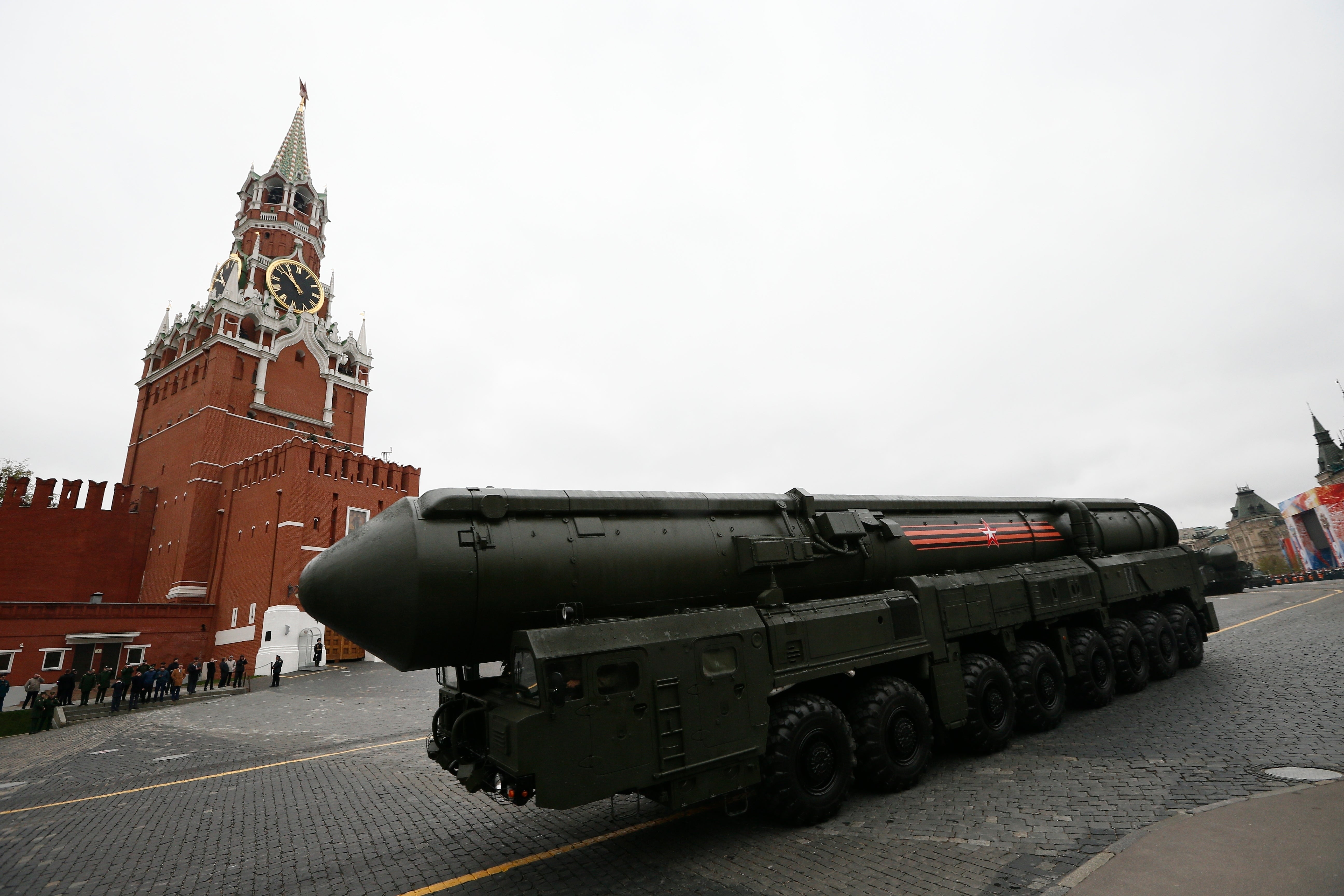 Russia’s Topol M ICBM launcher rolls across Red Square during a Victory Day military parade in 2017