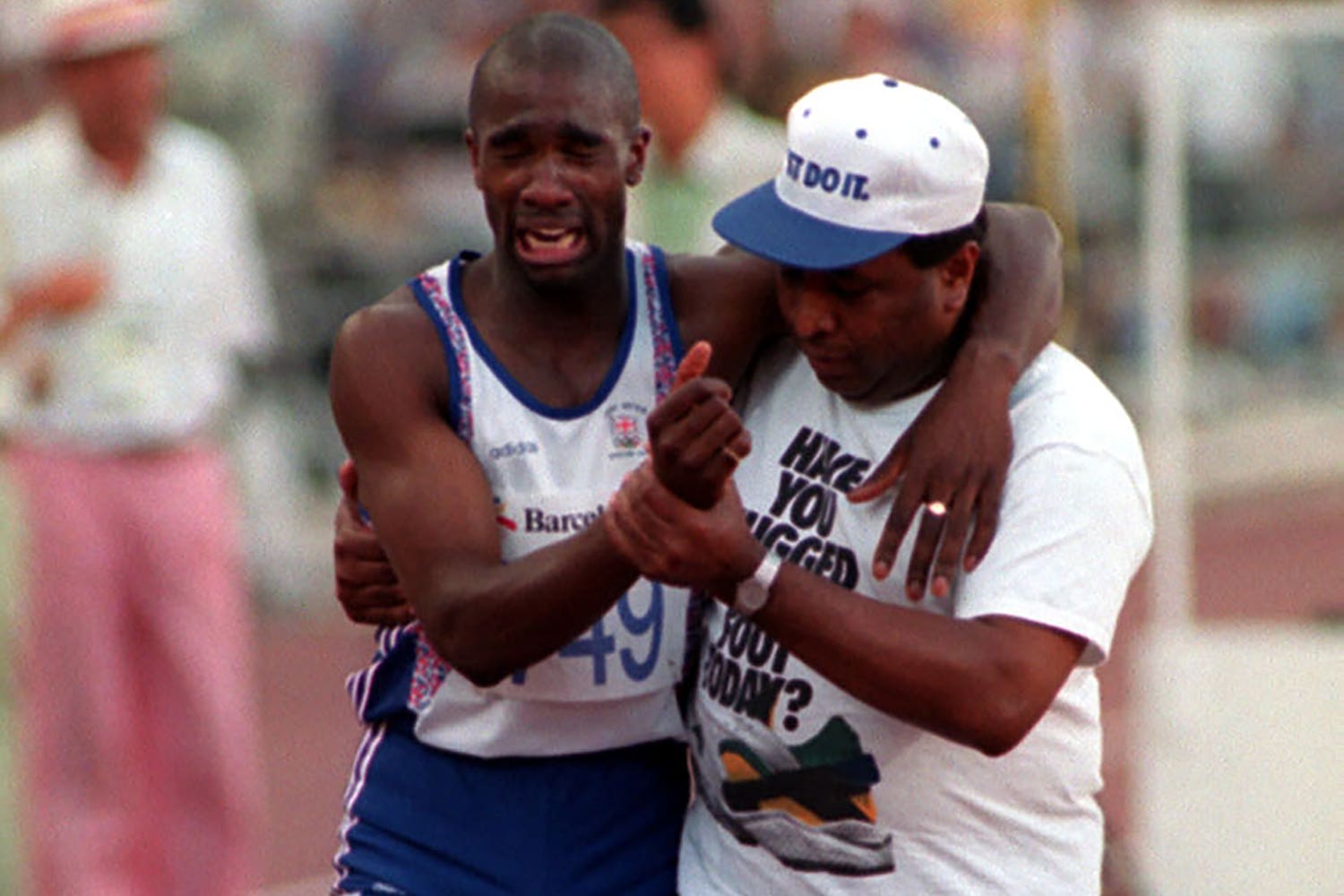 Derek Redmond was helped over the line by his father Jim at the 1992 Barcelona Olympics (John Giles/PA)