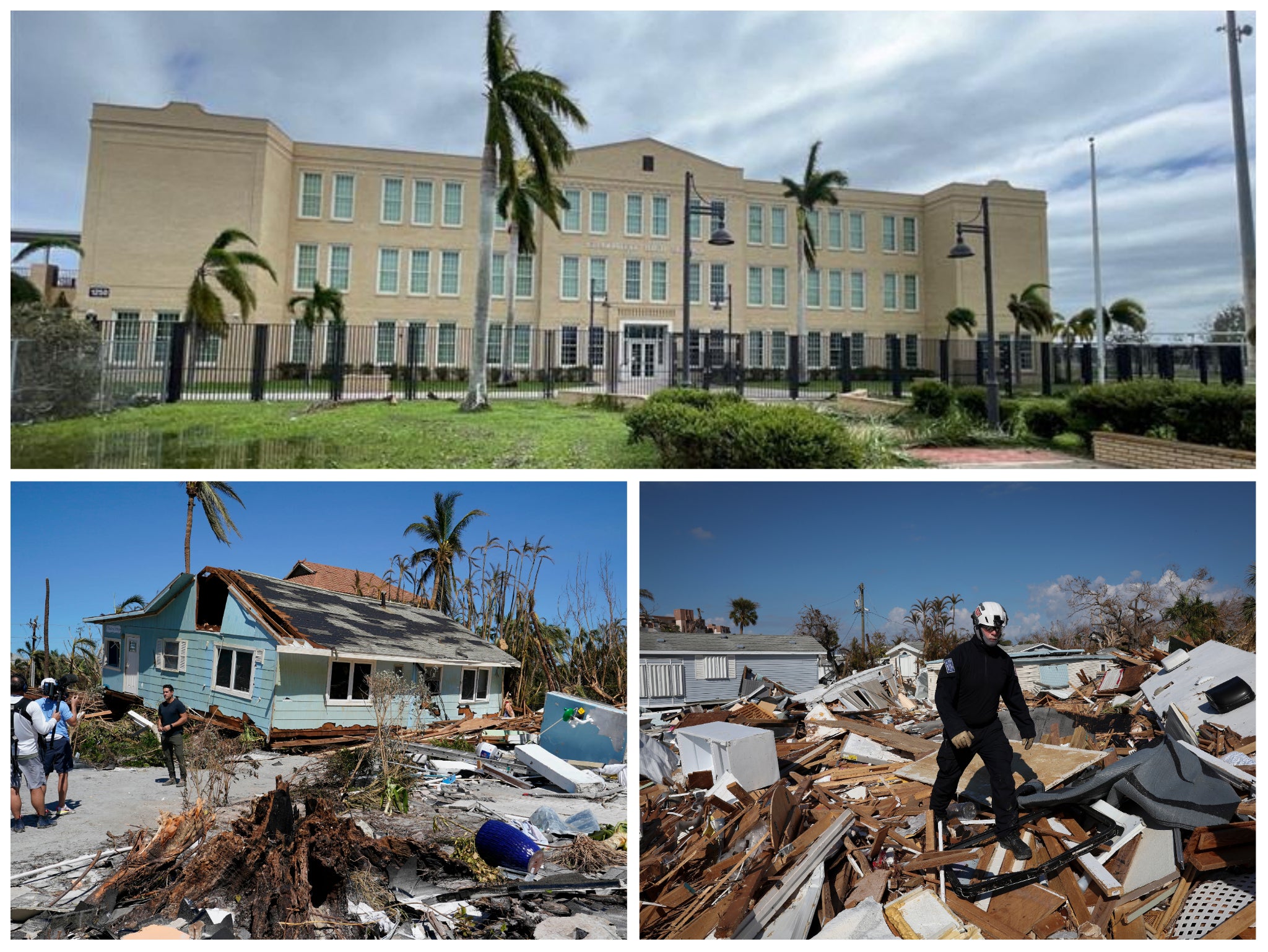 Above: Charlotte High School in Punta Gorda needed to be rebuilt after Hurricane Charley, but has withstood Hurricane Ian. Below: Damage from the storm has been extensive on Sanibel Island and Fort Myers Beach