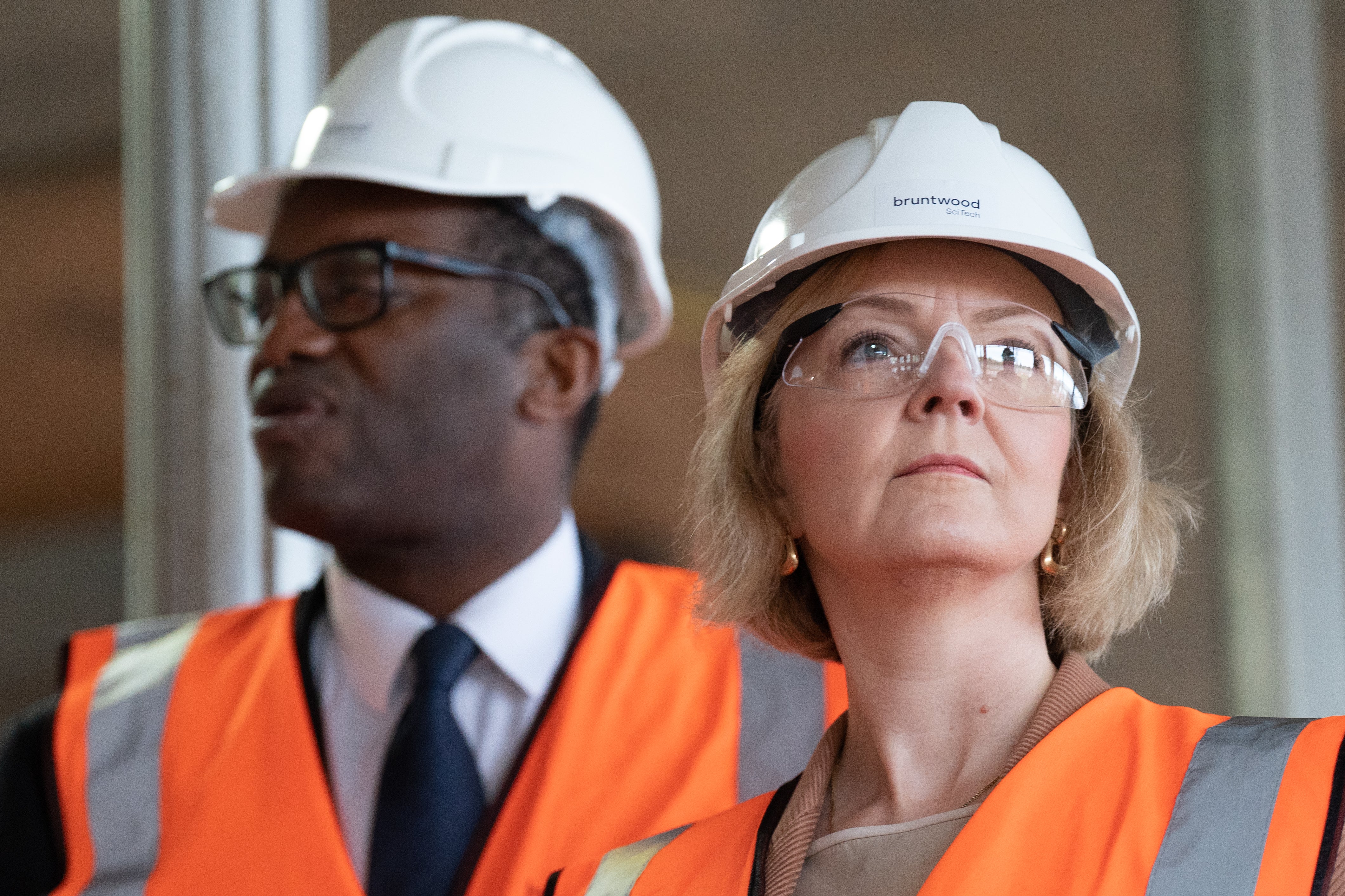 Truss and Kwarteng on a visit to a construction site in Birmingham on Tuesday