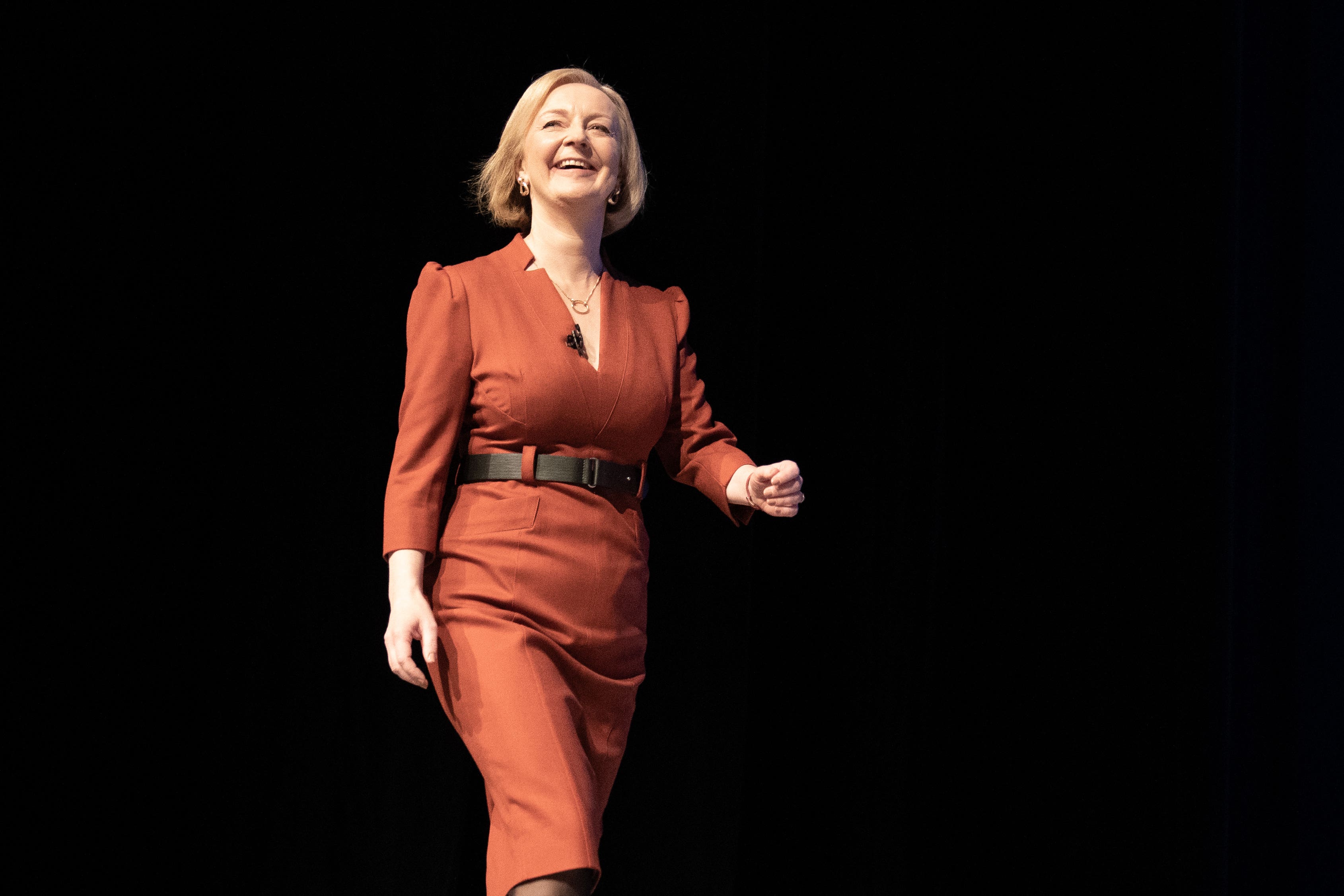 Prime Minister Liz Truss arrives on stage to deliver her keynote speech to the Conservative Party annual conference at the International Convention Centre in Birmingham (Stefan Rousseau/PA)