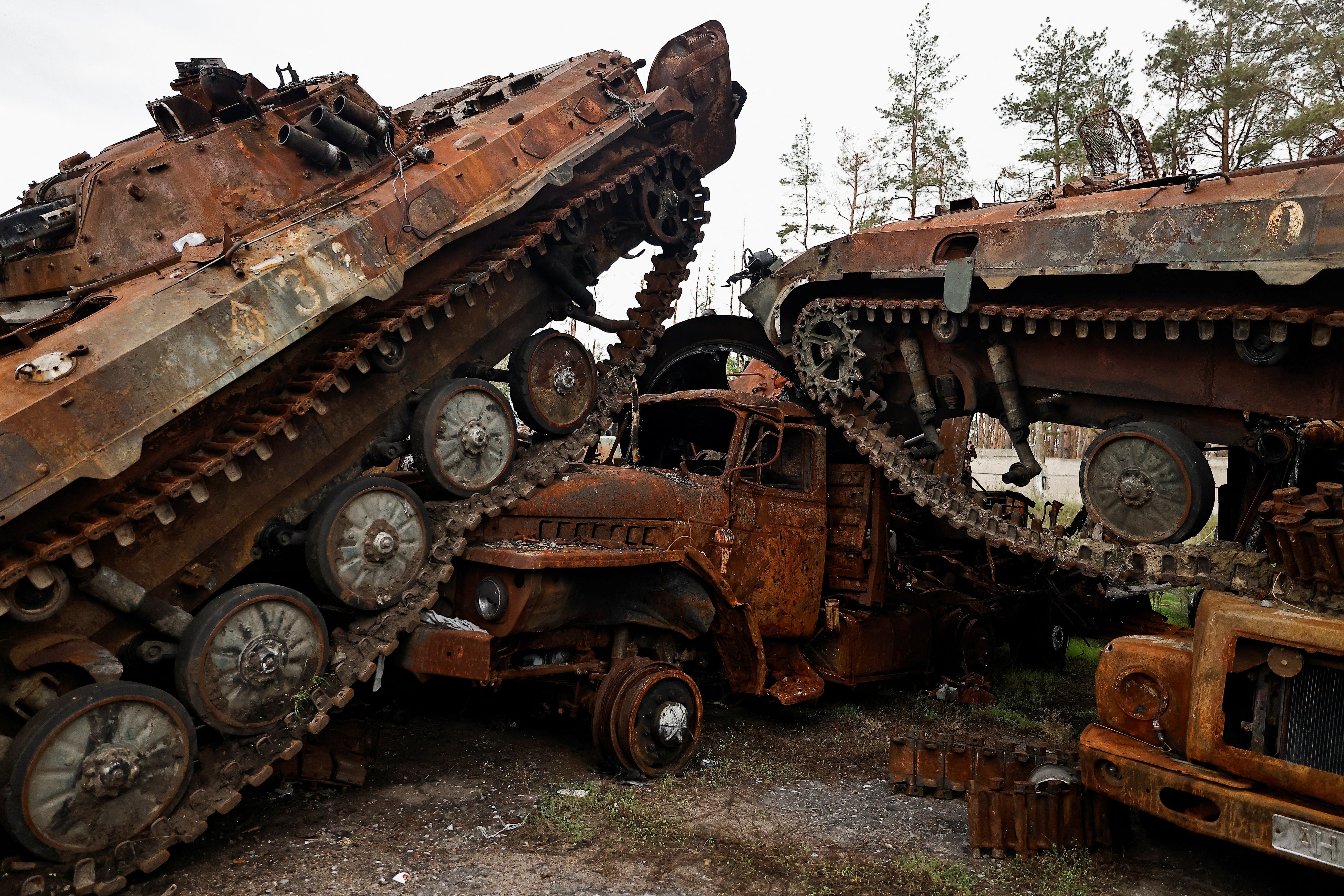 A view shows destroyed Russian tanks and armoured vehicles in the recently liberated town of Lyman