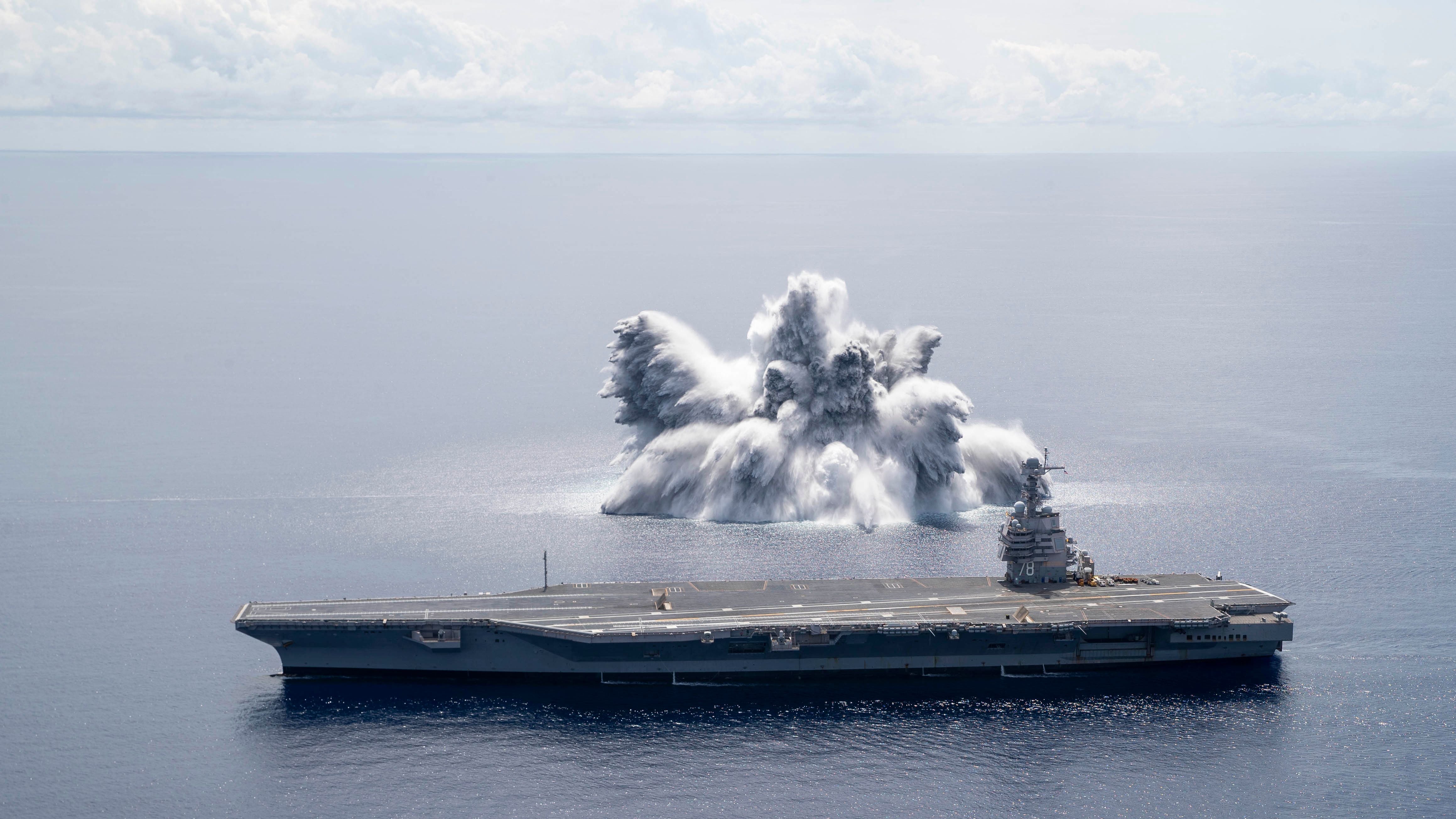 In this file handout image courtesy of the US Navy taken on June 18, 2021 the aircraft carrier USS Gerald R. Ford (CVN 78) completes the first scheduled explosive event of Full Ship Shock Trials while underway in the Atlantic Ocean