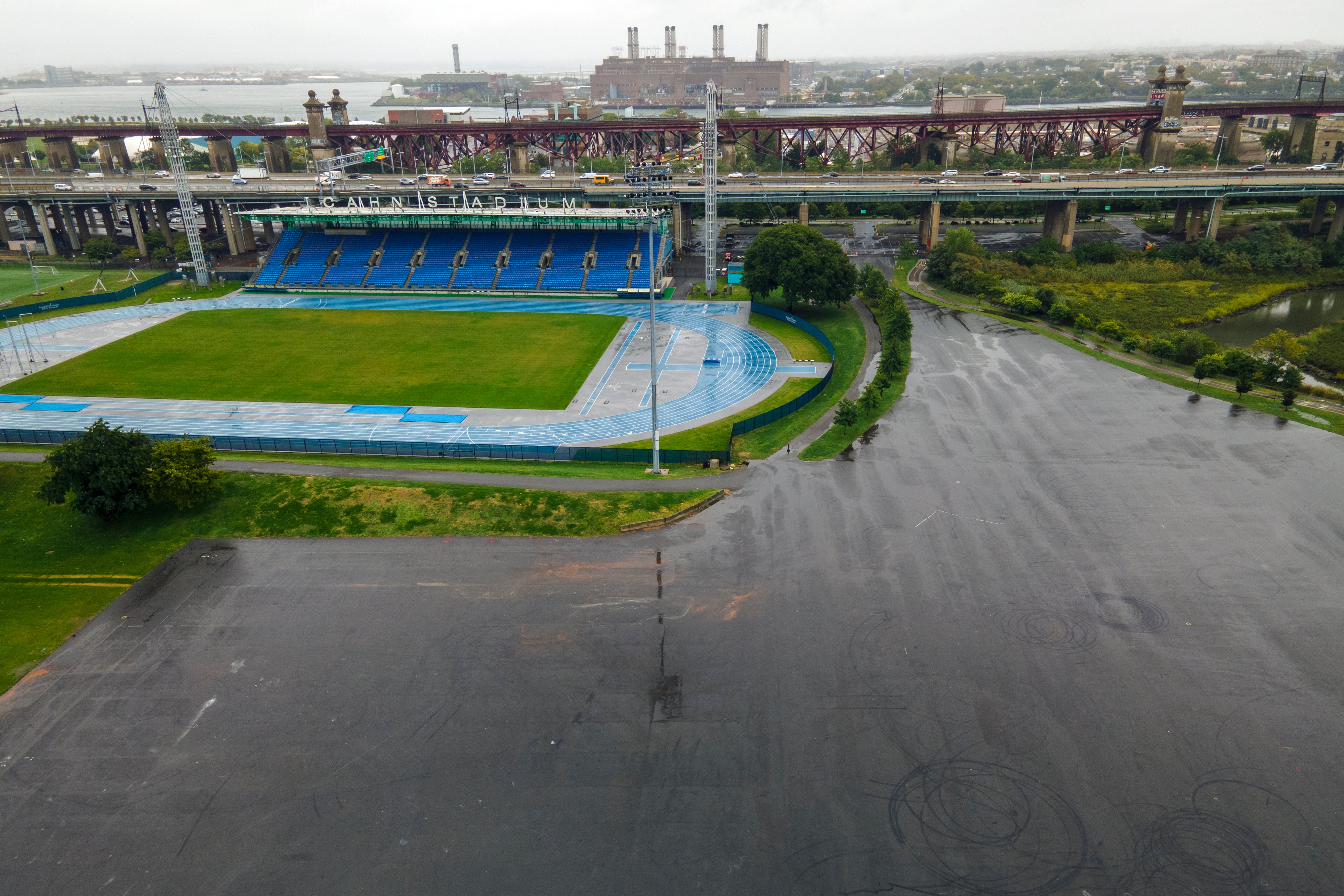 The parking lot at Icahn Stadium on New York City’s Randall’s Island will serve as a location for a humanitarian relief shelter for people seeking asylum, after thousands of migrants recently arrived in the city