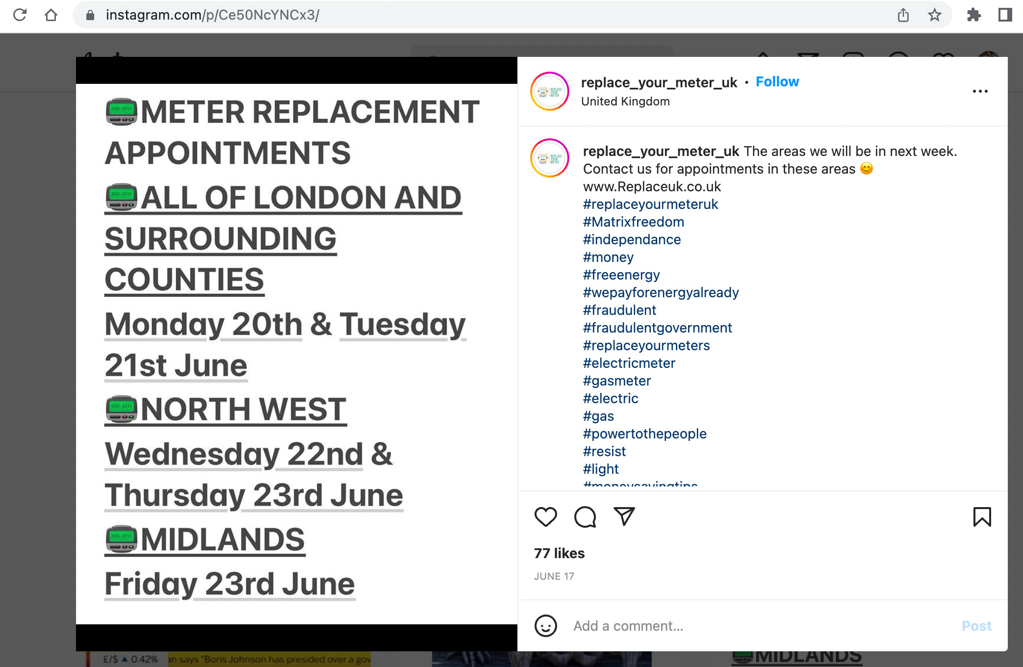 An Instagram page for Replace Your Meter UK has been advertising appointment dates for meter replacements