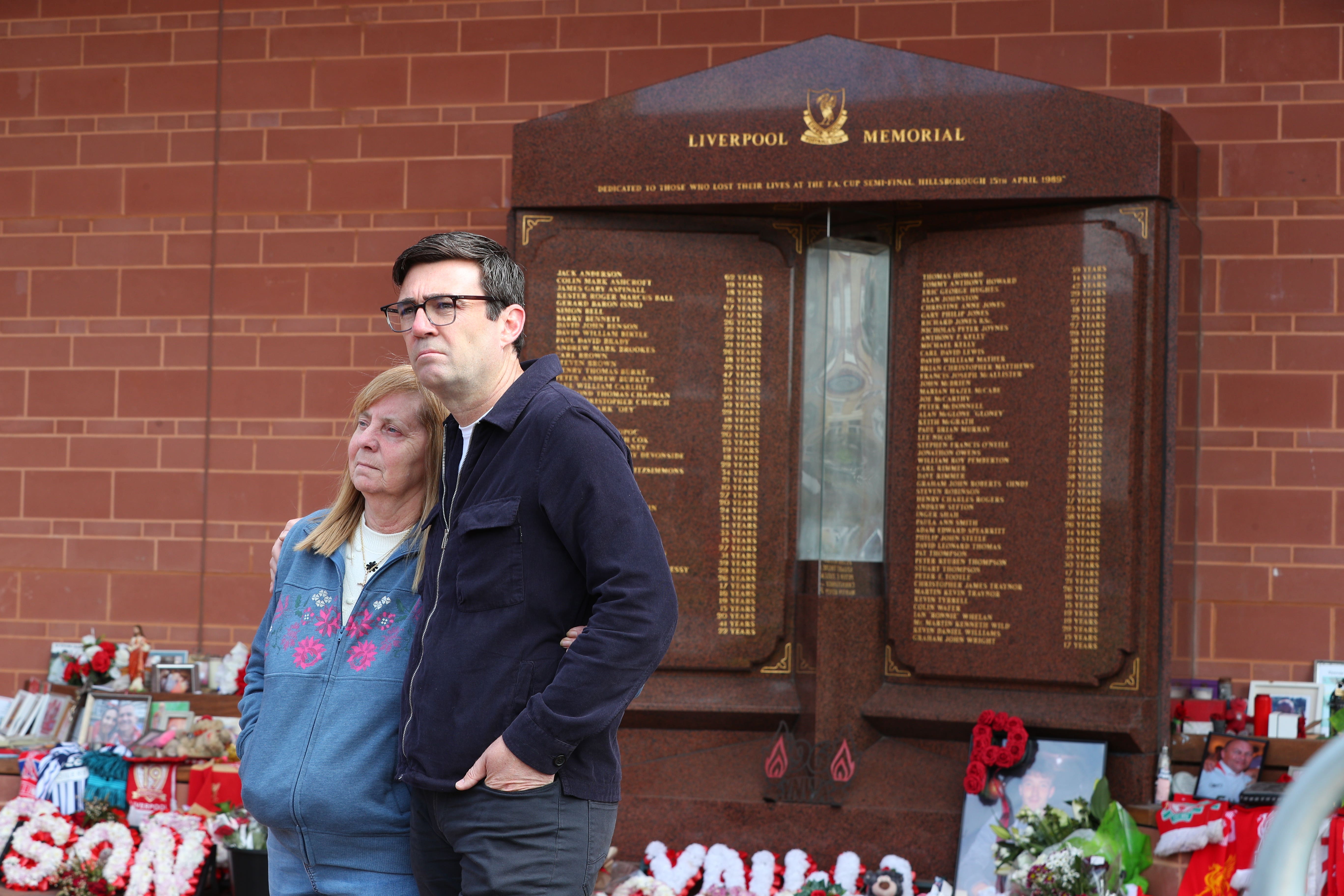 Hillsborough campaigner Margaret Aspinall and Manchester mayor Andy Burnham outside Anfield memorial in 2022