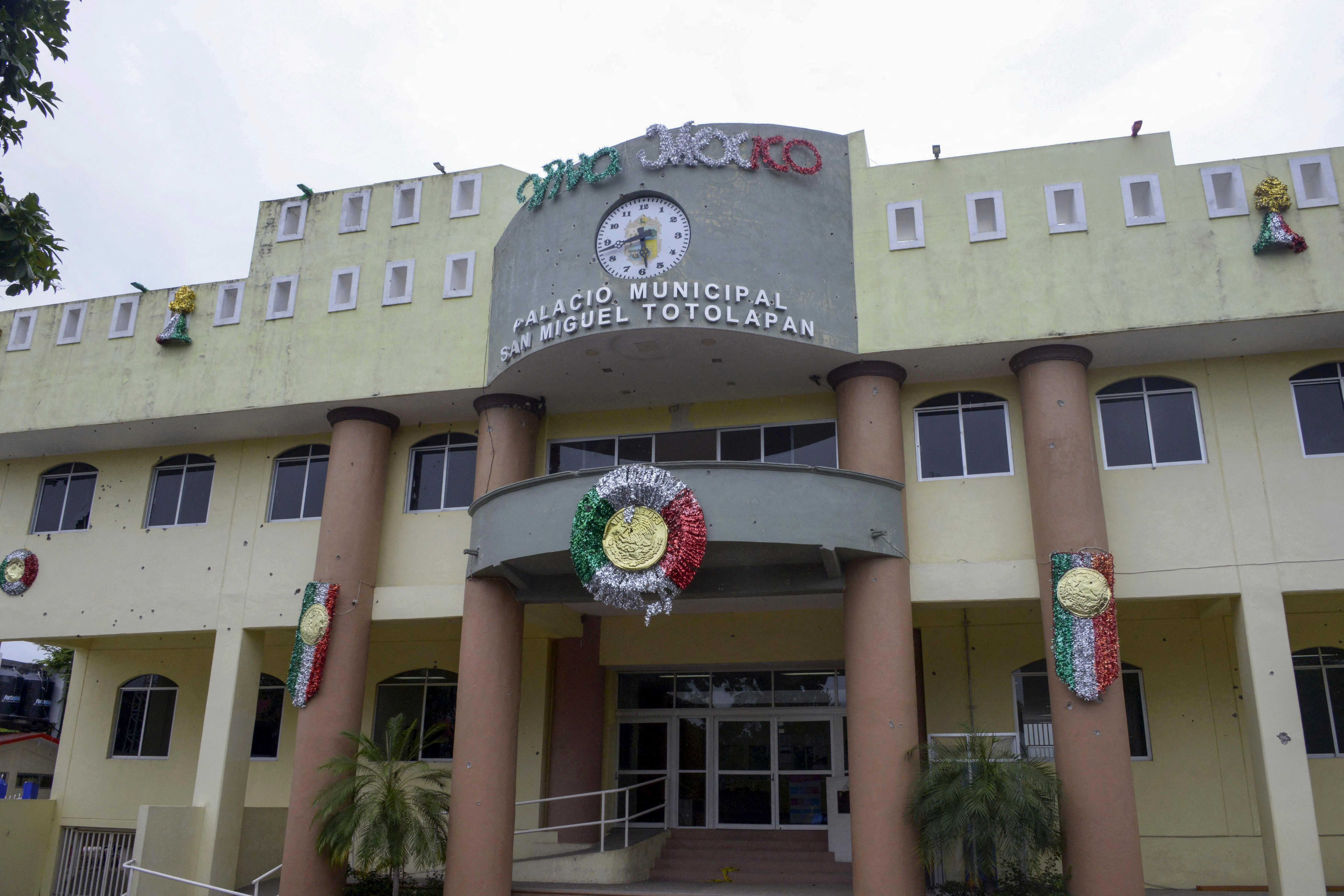 View of the bullet-ridden facade of the Municipality of San Miguel Totolapan, state of Guerrero, Mexico, on October 2022