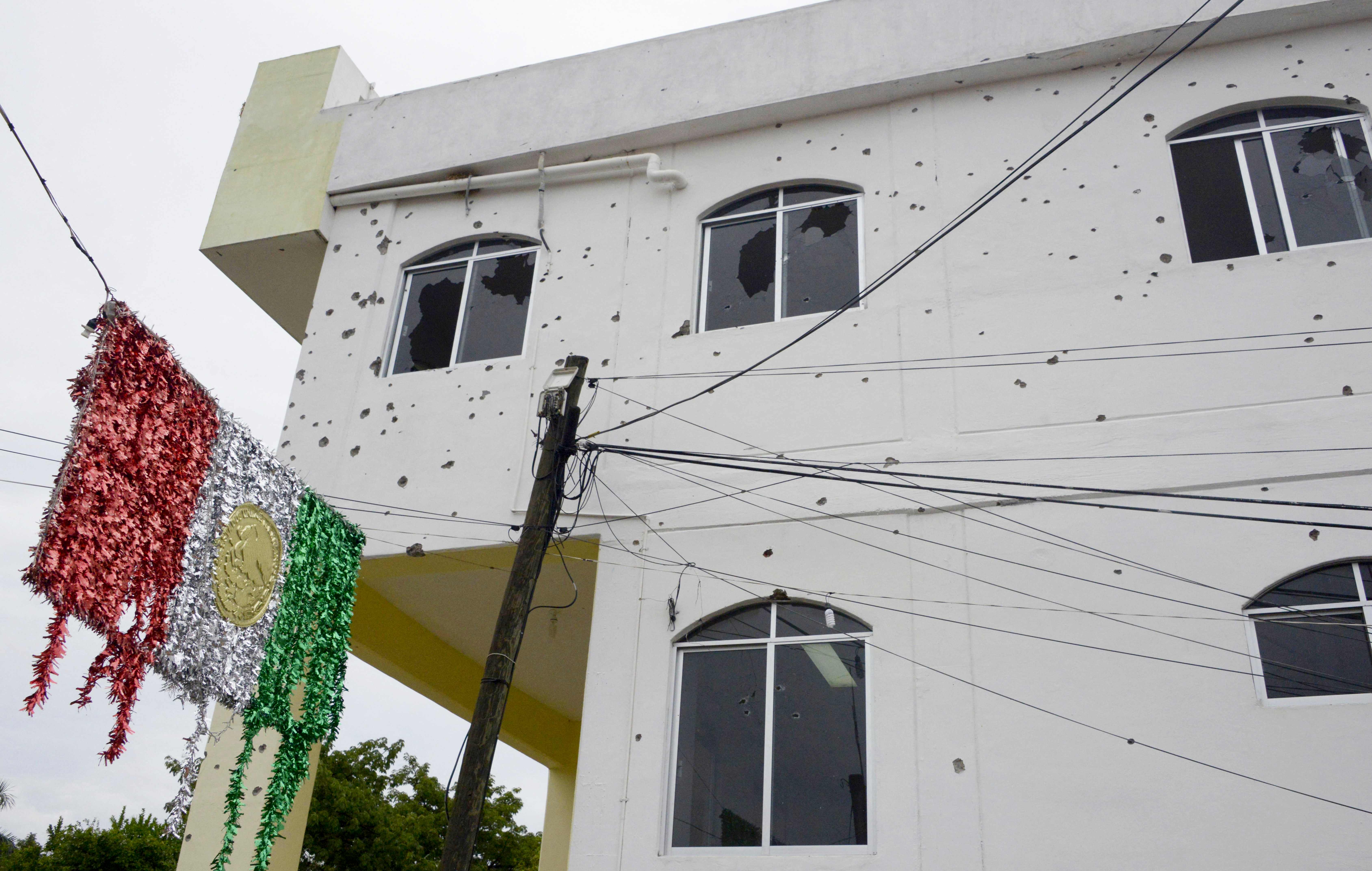 View of the bullet-ridden building of the Municipality of San Miguel Totolapan, state of Guerrero, Mexico, on October 2022