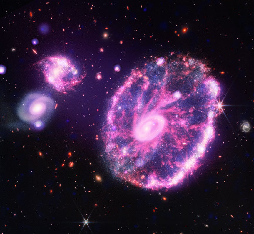 The Cartwheel Galaxy, some 500 million light years from Earth, glows a luminous purple in this image made by combining observations of both the Chandra X-ray Observatory and the James Webb Space Telescope.