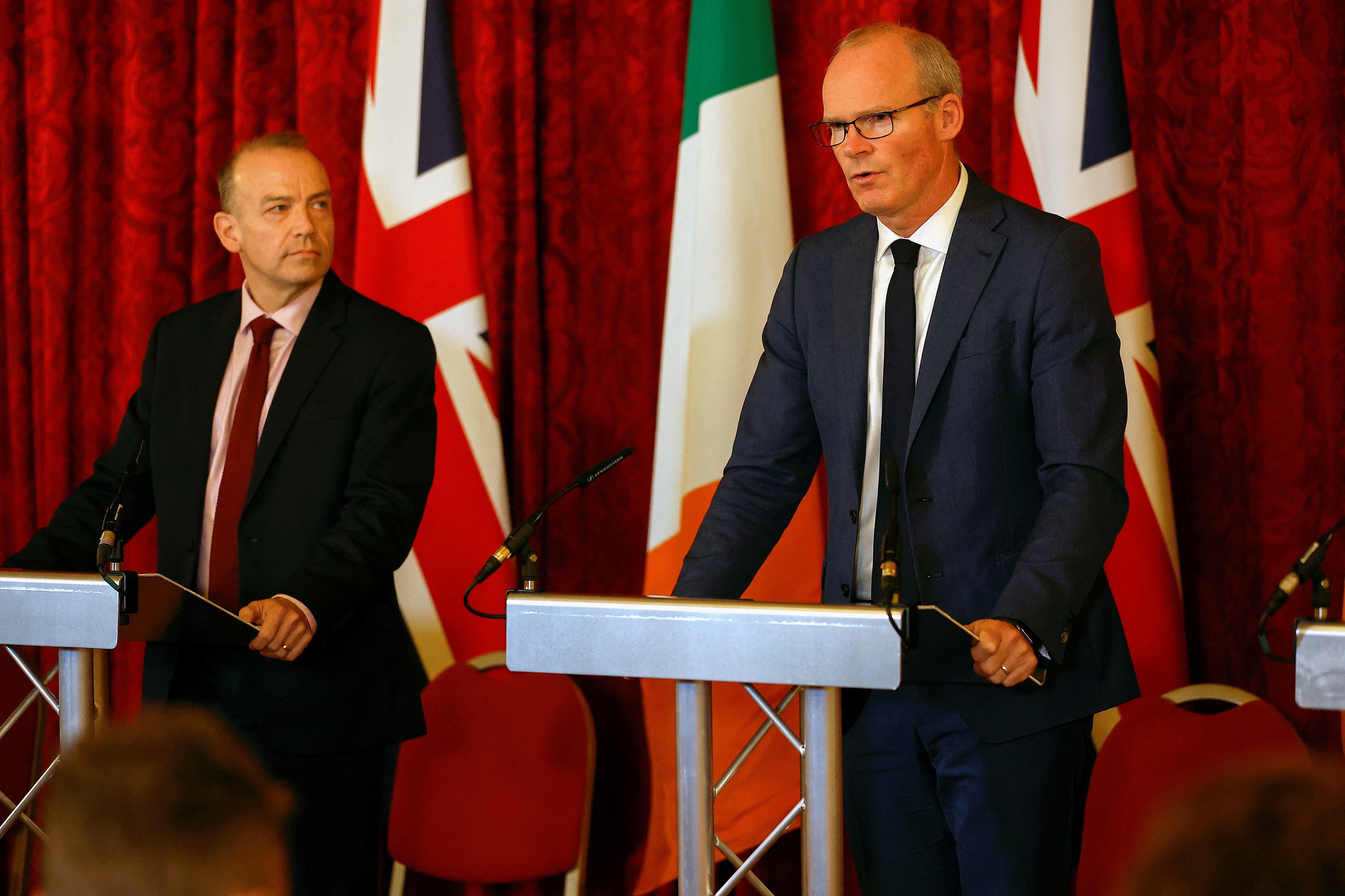 Ireland’s foreign minister Simon Coveney (right) and Chris Heaton-Harris, secretary of state for Northern Ireland, speaking at a press conference after Friday’s meeting in London