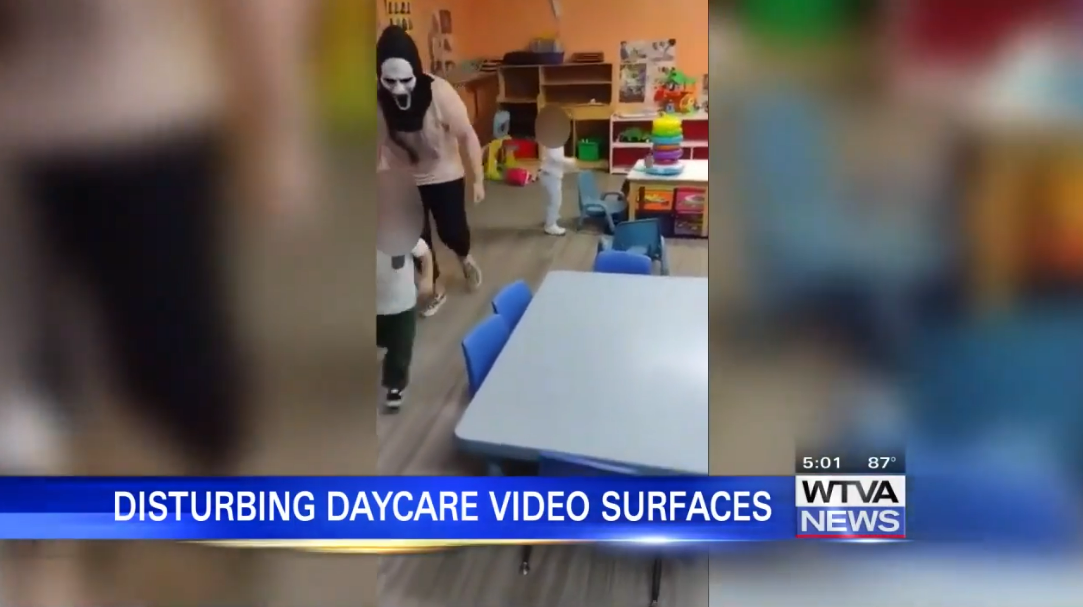 Video footage from inside a Mississippi daycare shows employees chasing after frightened toddlers as they don a Halloween mask