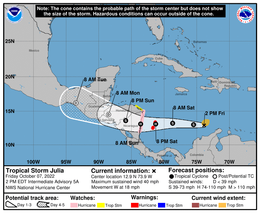 Tropical Storm Julia’s forecast path as of Friday