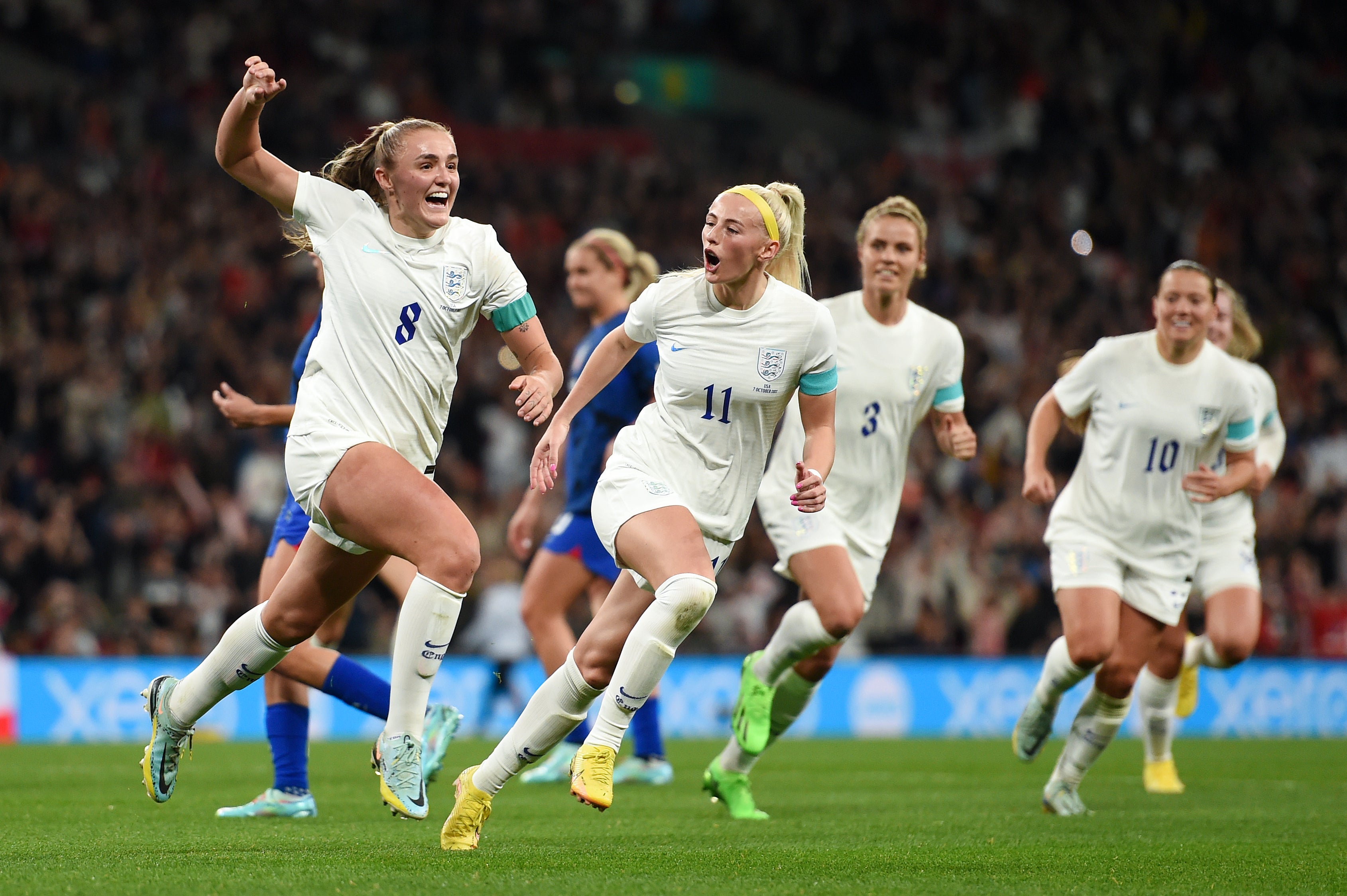 Georgia Stanway celebrates after restoring England’s lead from the spot