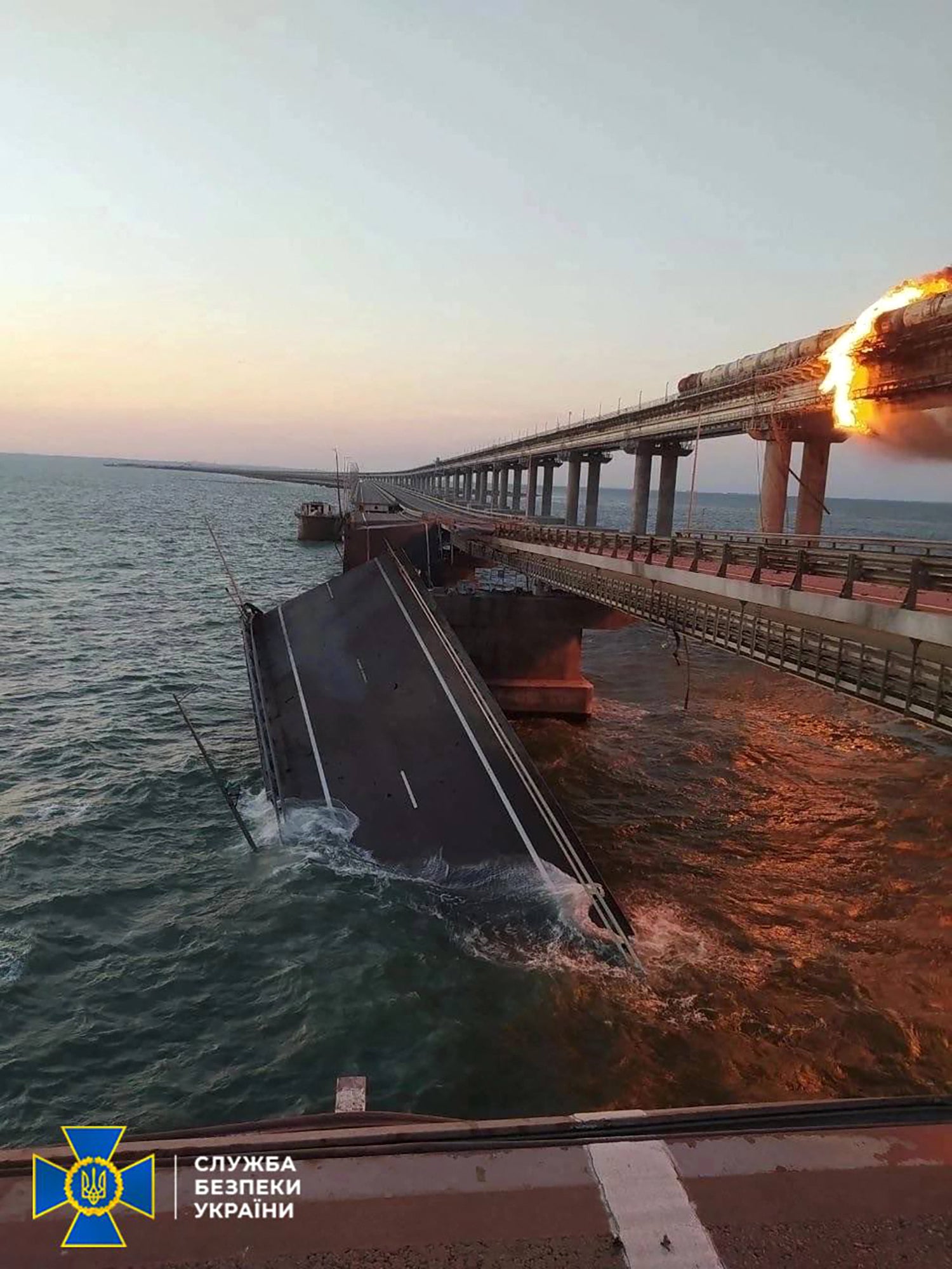 The aftermath of the explosion on the Kerch bridge