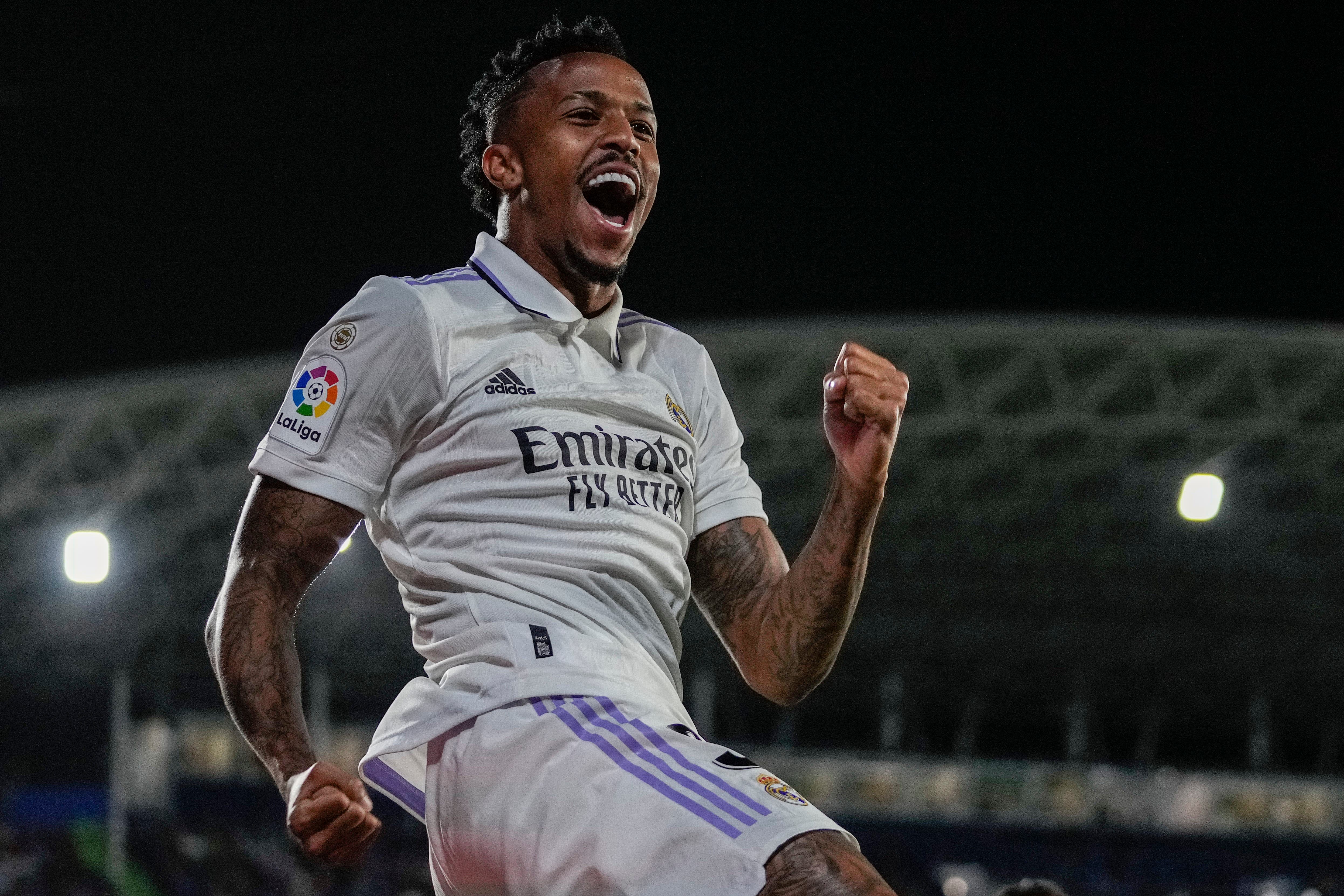 Eder Militao celebrates after scoring for Real Madrid (Bernat Armangue/AP)