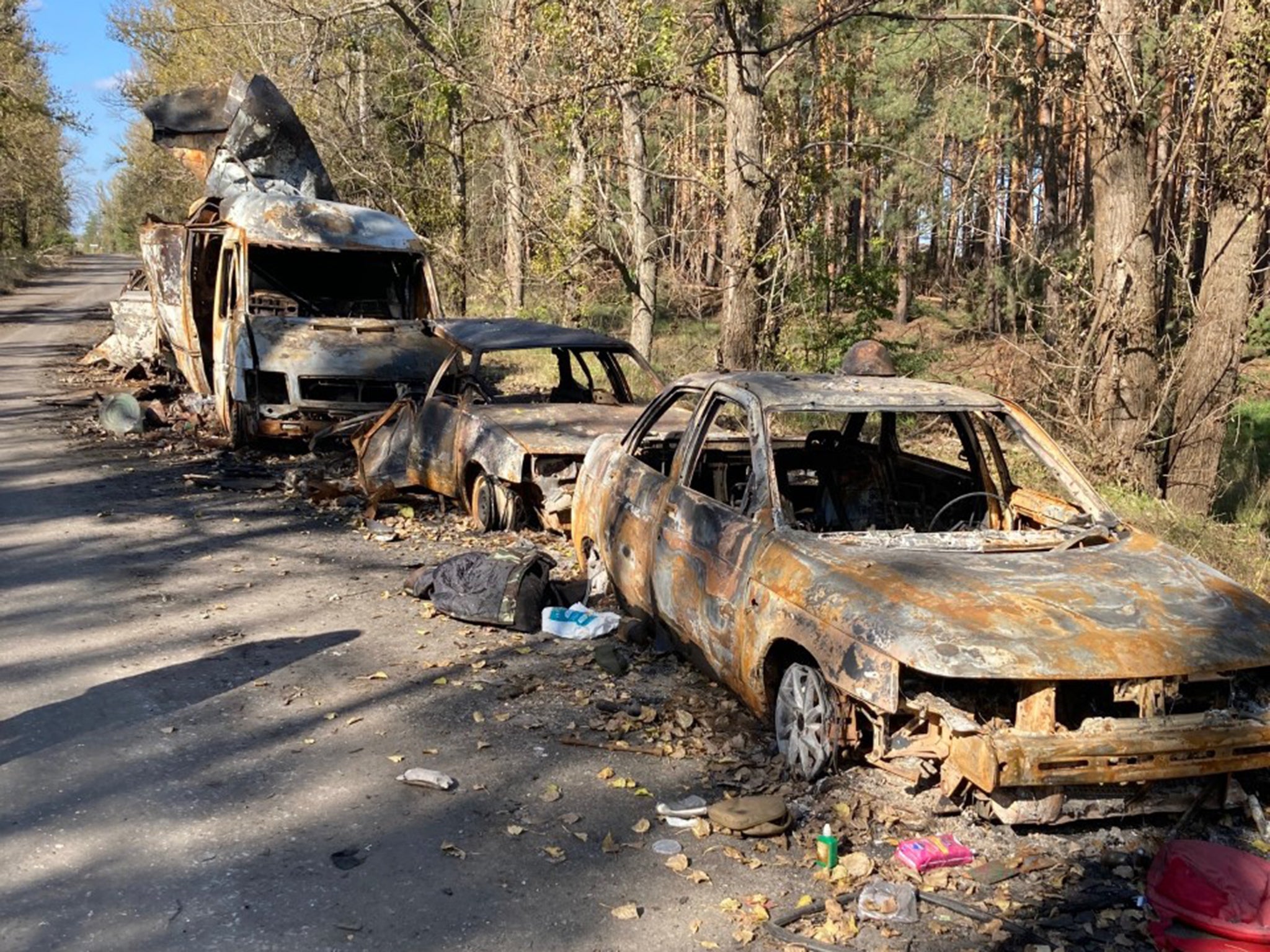 Destroyed cars outside Lyman