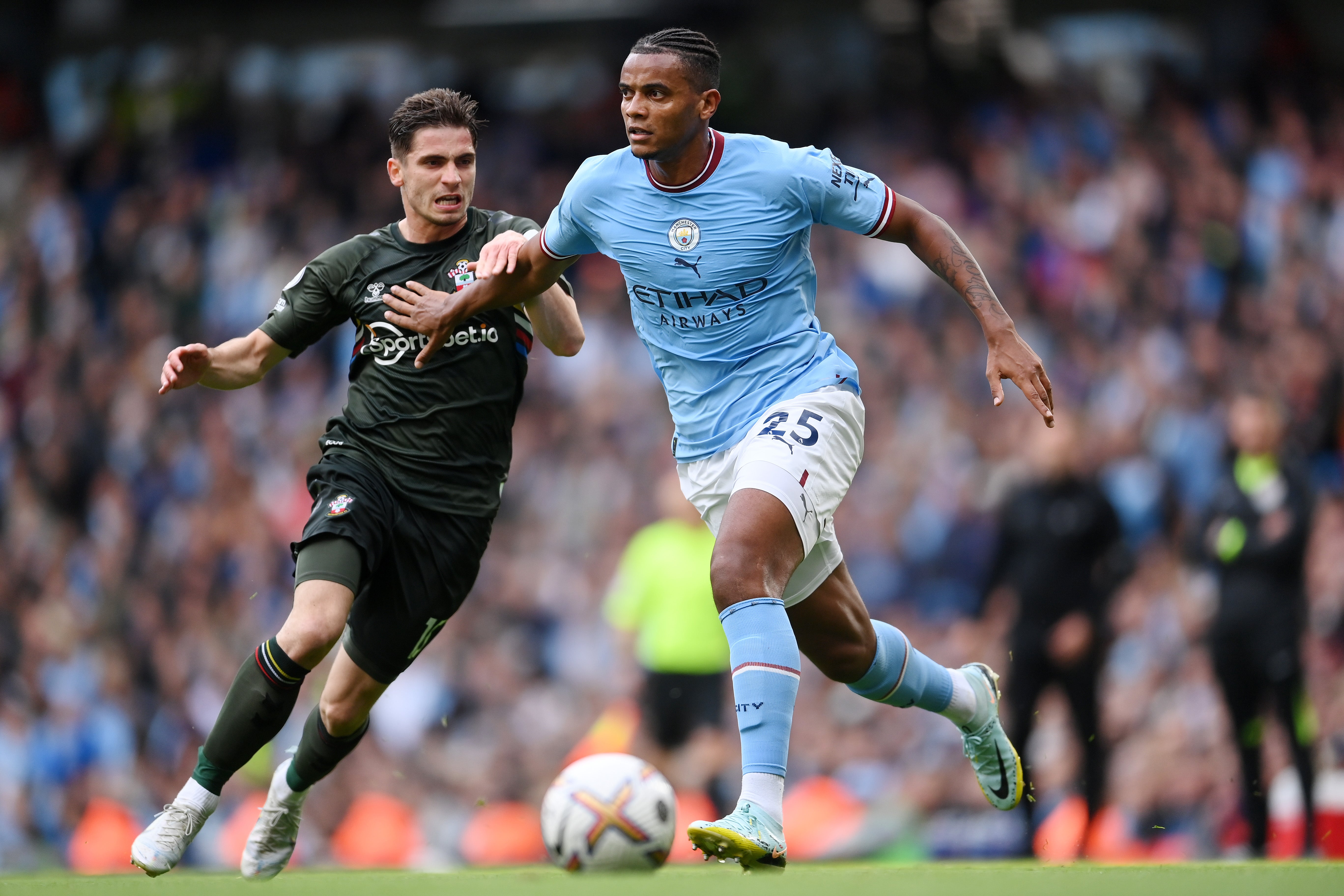 Manuel Ajanji holds off the attentions of Southampton’s Romain Perraud