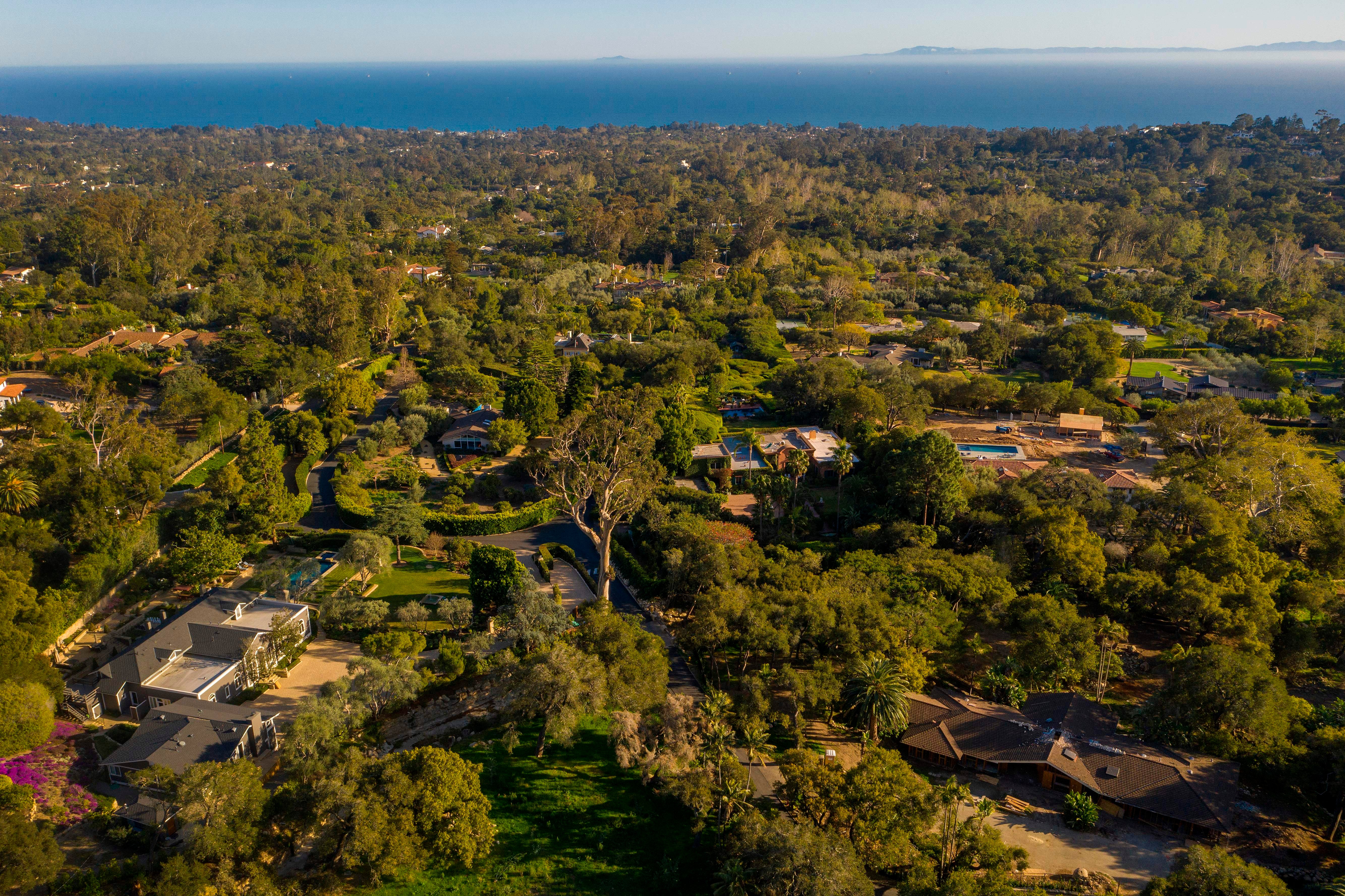 This aerial view shows the general neighborhood of the hometown of the Duke and Dutchess of Sussex Harry and Meghan, who recently purchased the Chateau of Riven Rock in the Montecito neighborhood of Santa Barbara