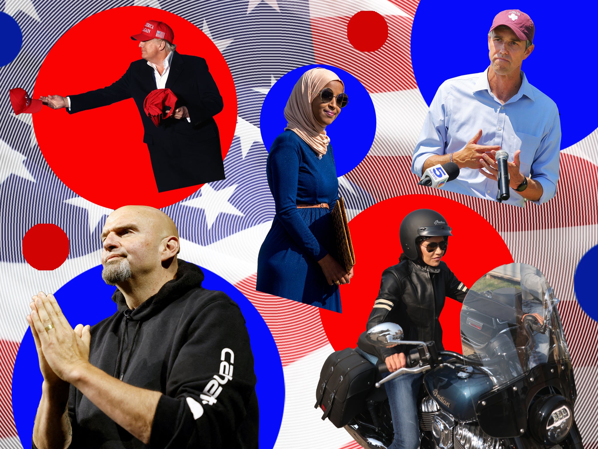 Closkwise, from top left: former president Donald Trump; US Representative Ilhan Omar; former congressman Beto O’Rourke; South Dakota governor Kristi Noem; Pennsylvania lieutenant governot John Fetterman.