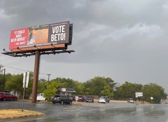 Mothers Against Greg Abbott’s billboard on the way into Uvalde