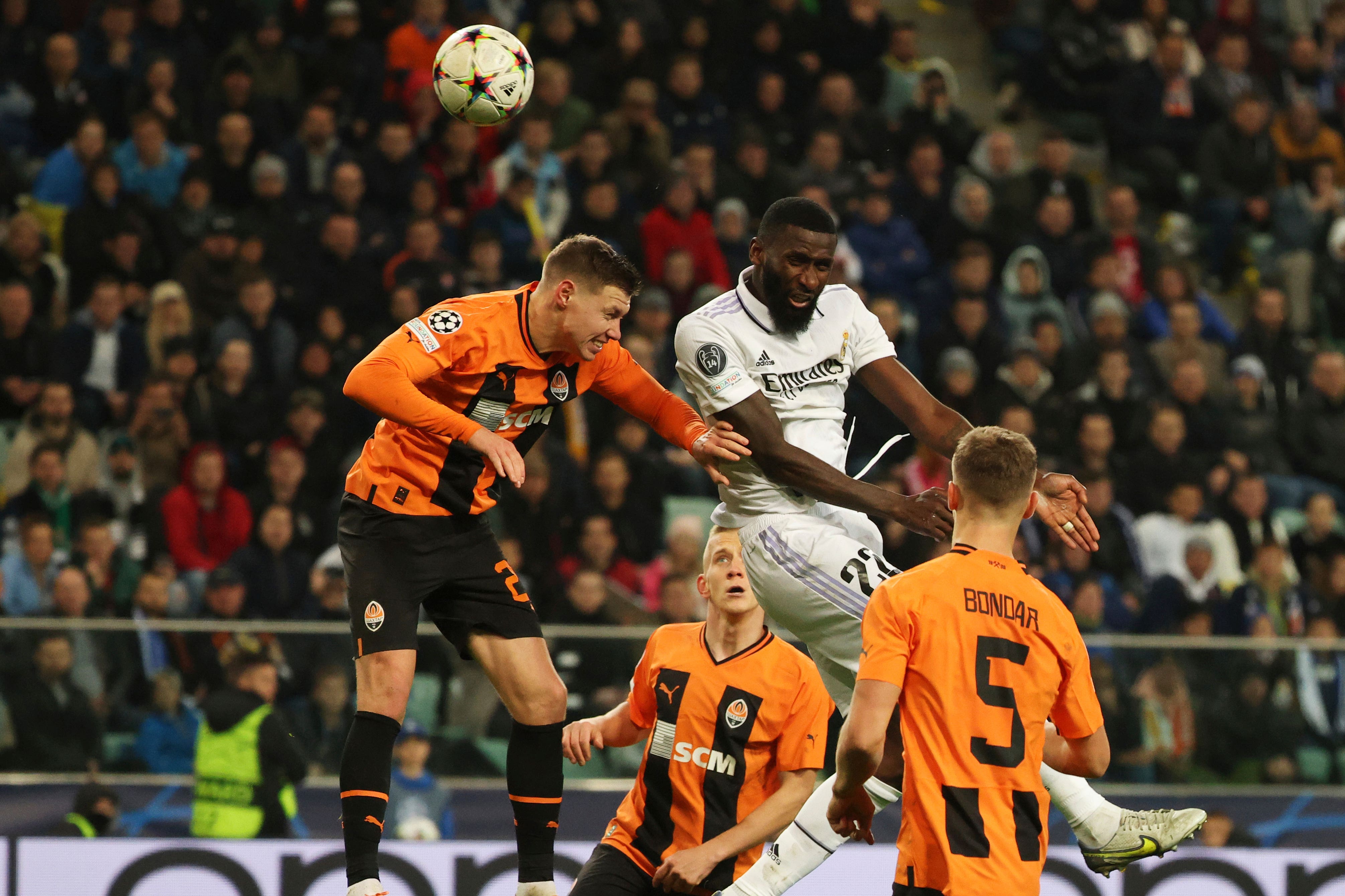 Antonio Rudiger (top right) broke Shakhtar’s hearts in Warsaw (Michal Dyjuk/AP)