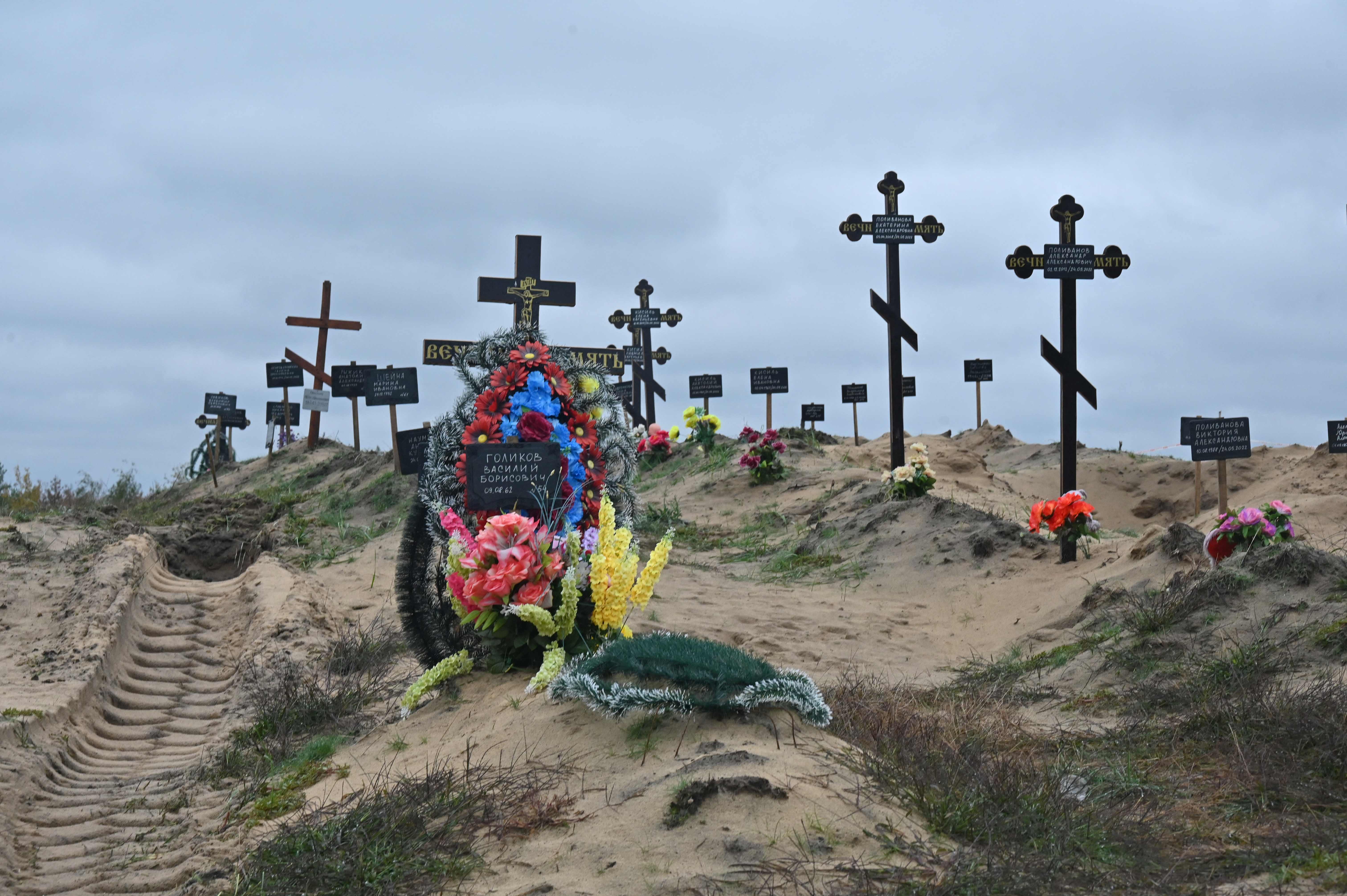 A mass grave for civilians at the cemetery near Lyman, Donetsk