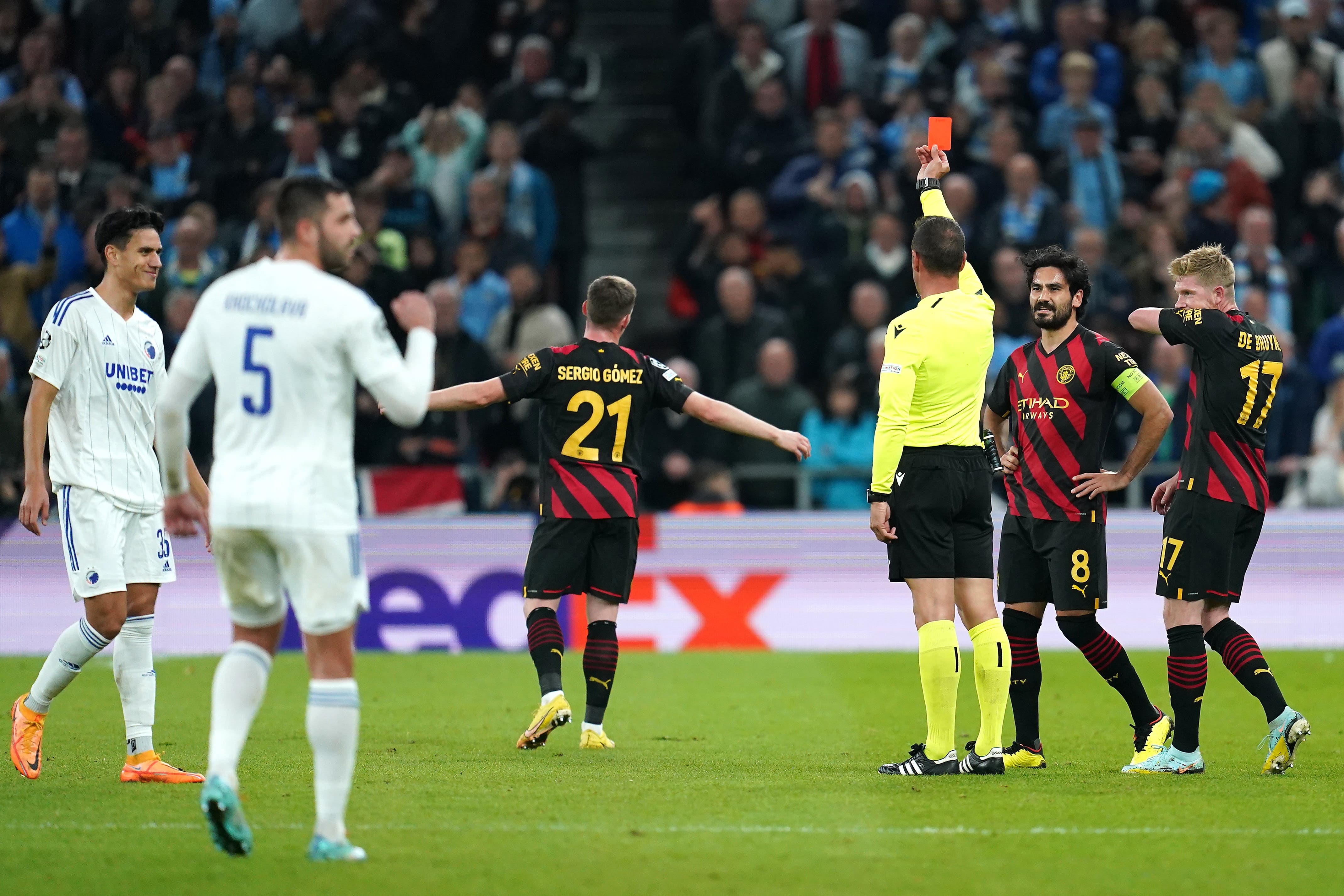 Manchester City had Sergio Gomez sent off in Denmark (Nick Potts/PA).